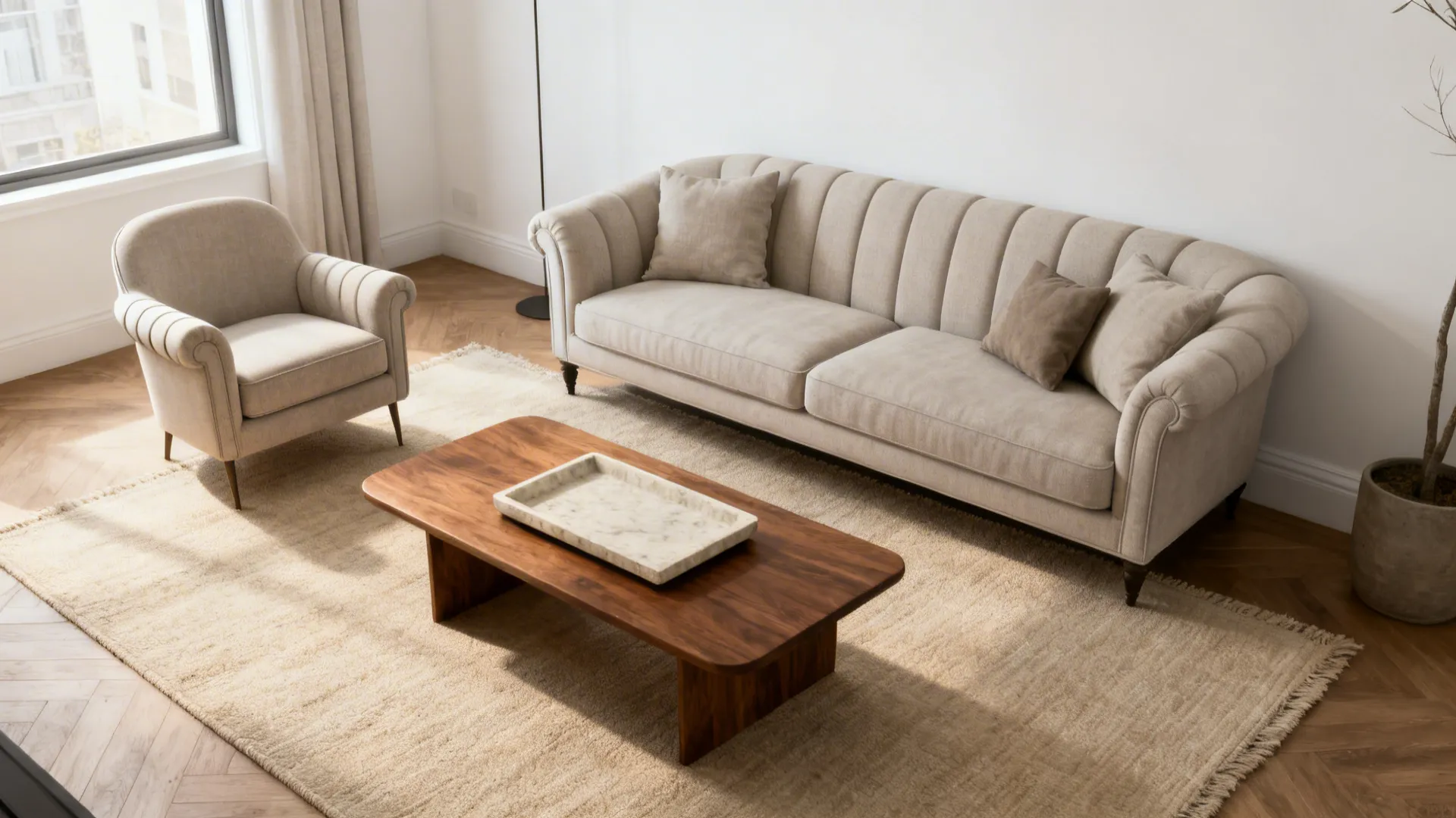 Compact classic living room with warm whites, greige sofa, slim armchair, and an oat rug in soft light.
