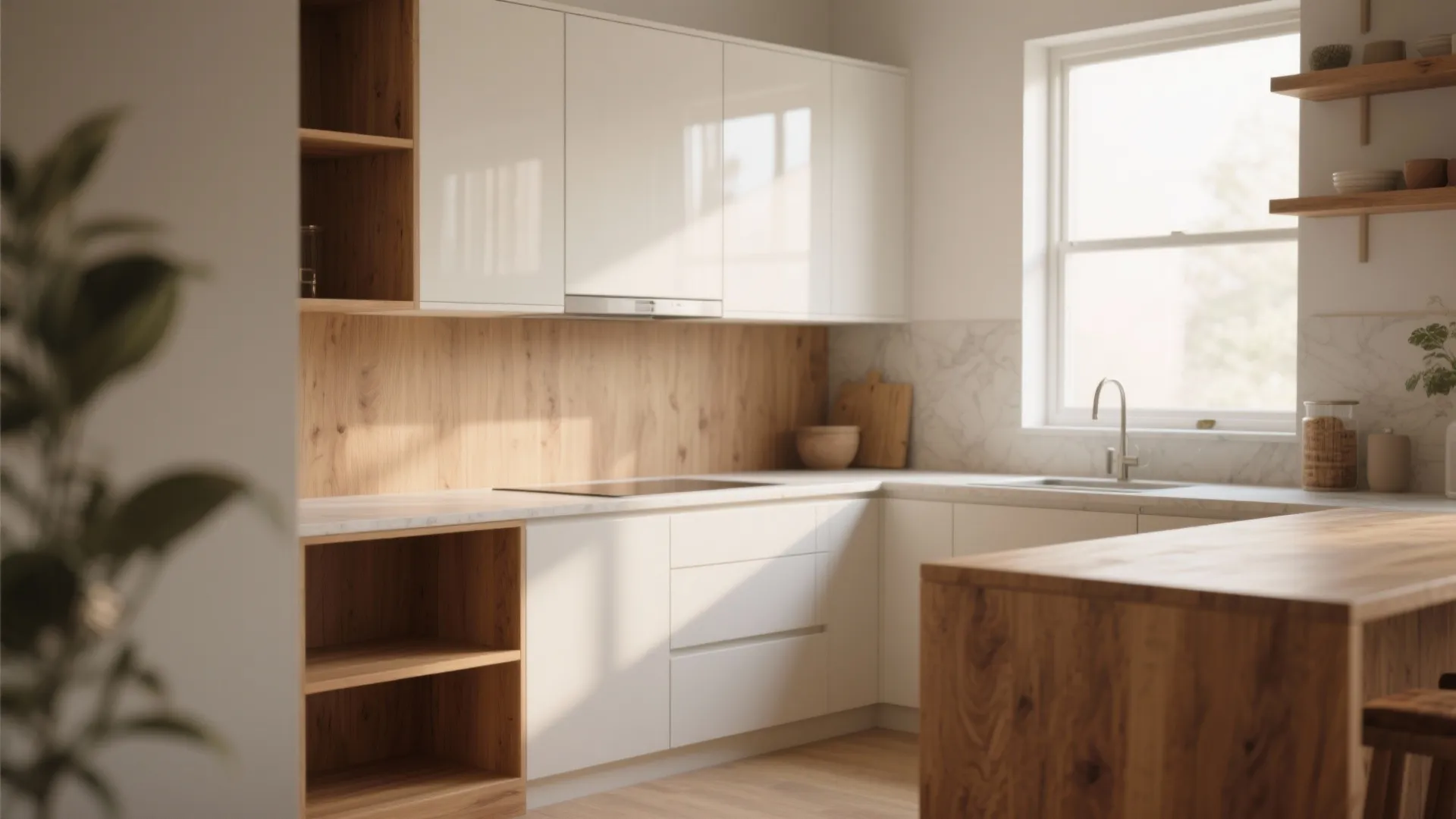 1. Layered Neutrals: Warm Wood and Off-White