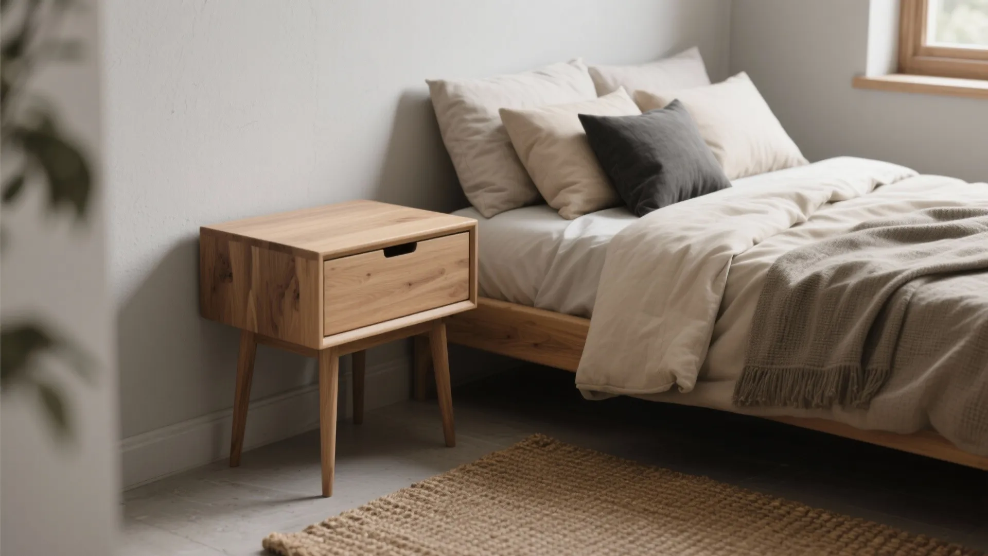 Close up of a wooden bedside table next to a bed with neutral colored pillows