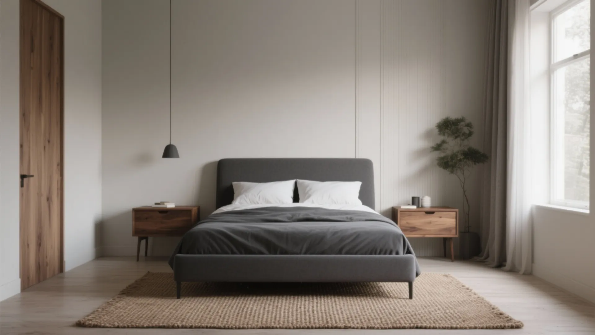 Bedroom with dark gray bed frame and warm walnut nightstand on a jute rug
