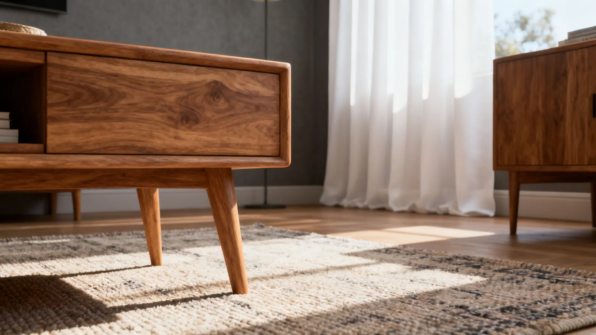 Close up of wooden cabinet legs on textured rug with white curtains and natural light