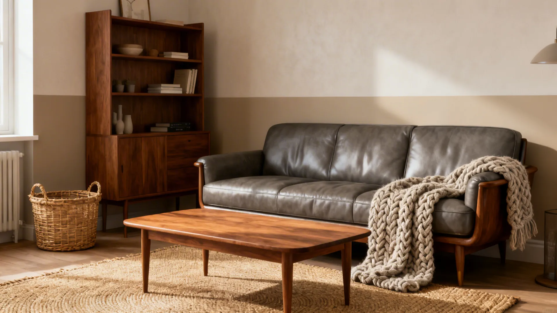 Grey leather sofa with warm oak table, walnut shelving and textured textiles in a neutral palette.