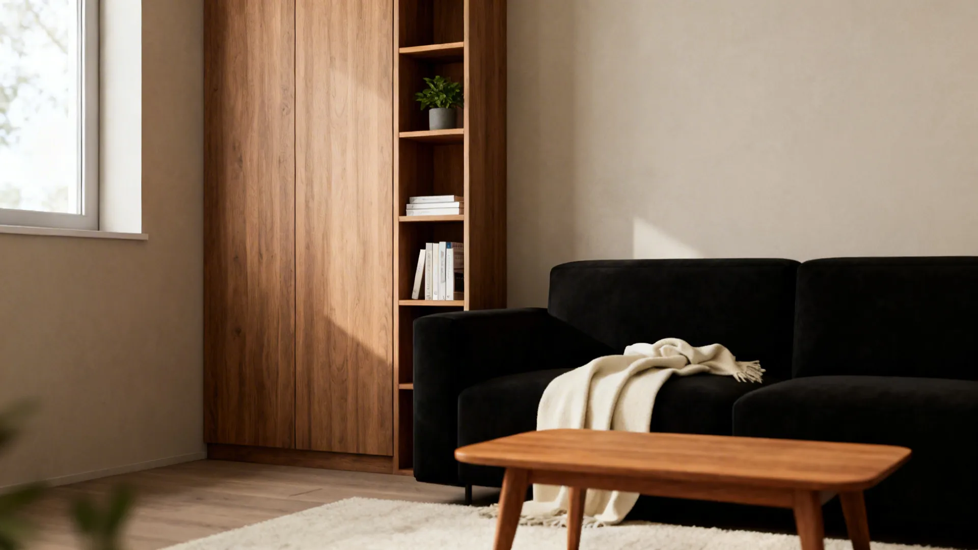 Matte black sofa paired with oak shelving and warm wood coffee table with cream textiles.