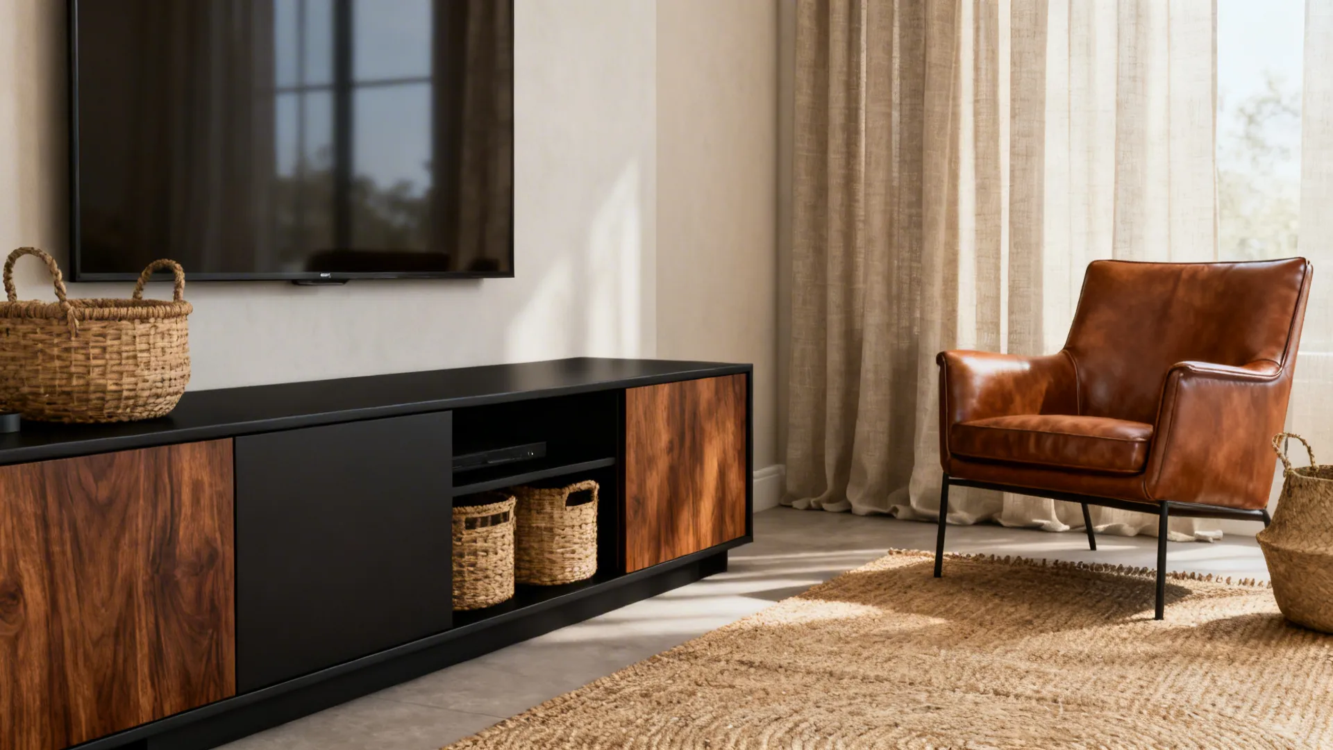 Matte black furniture paired with warm walnut pieces, woven baskets and a natural-fiber rug in a neutral living room.