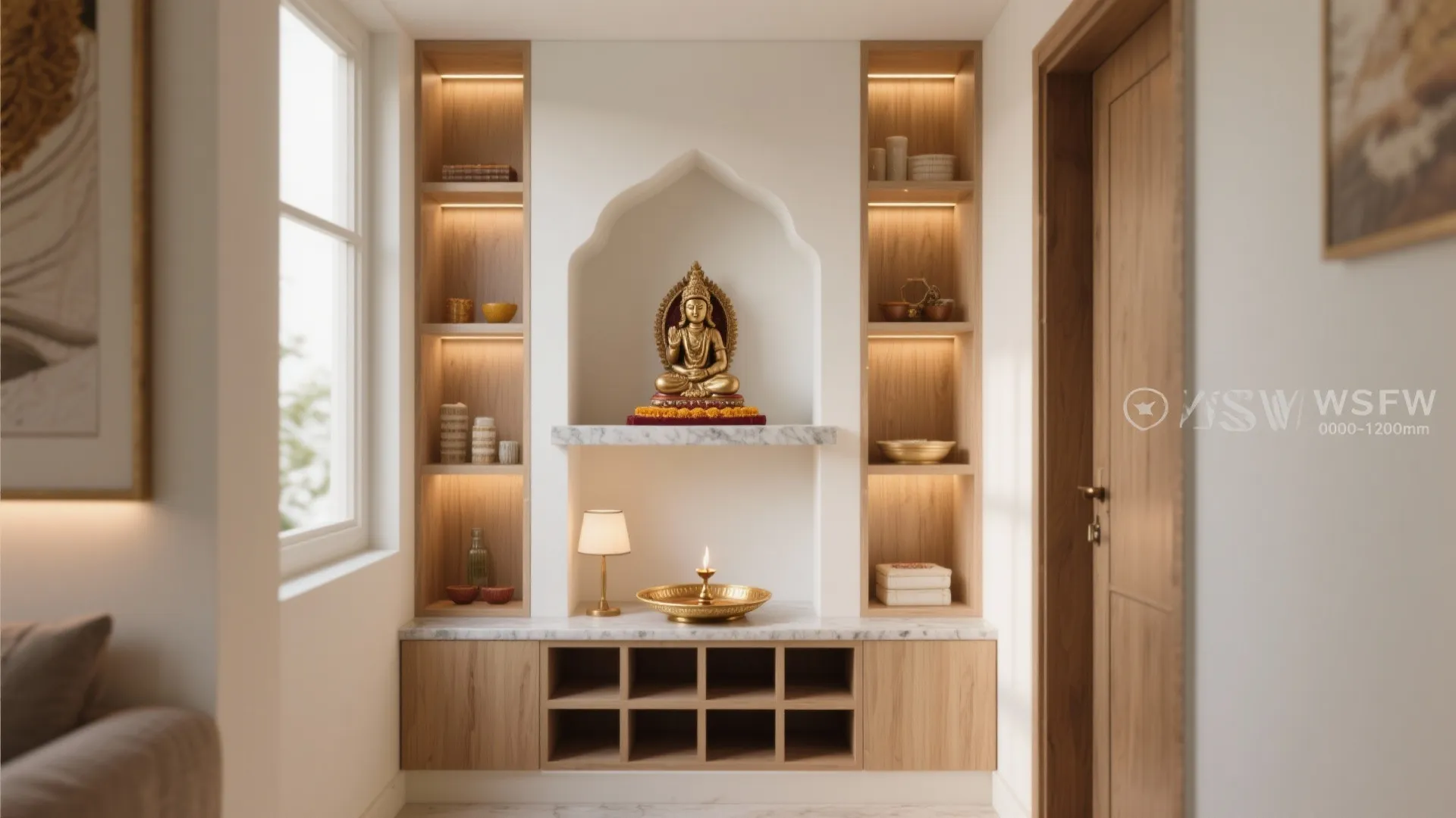 Compact niche altar with layered shelves