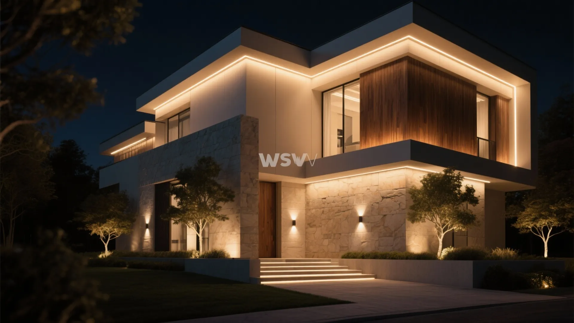 4) Sculptural Lighting and Layered Nightscape