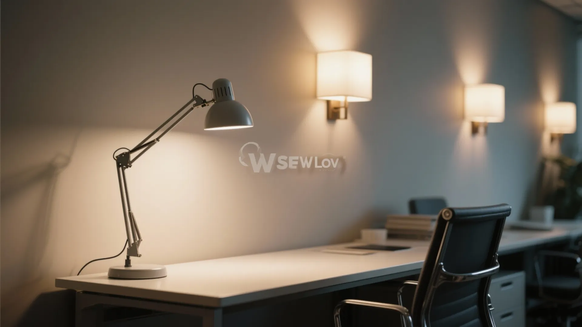 Modern office workspace with white desk lamp and warm wall light fixtures above long white desk