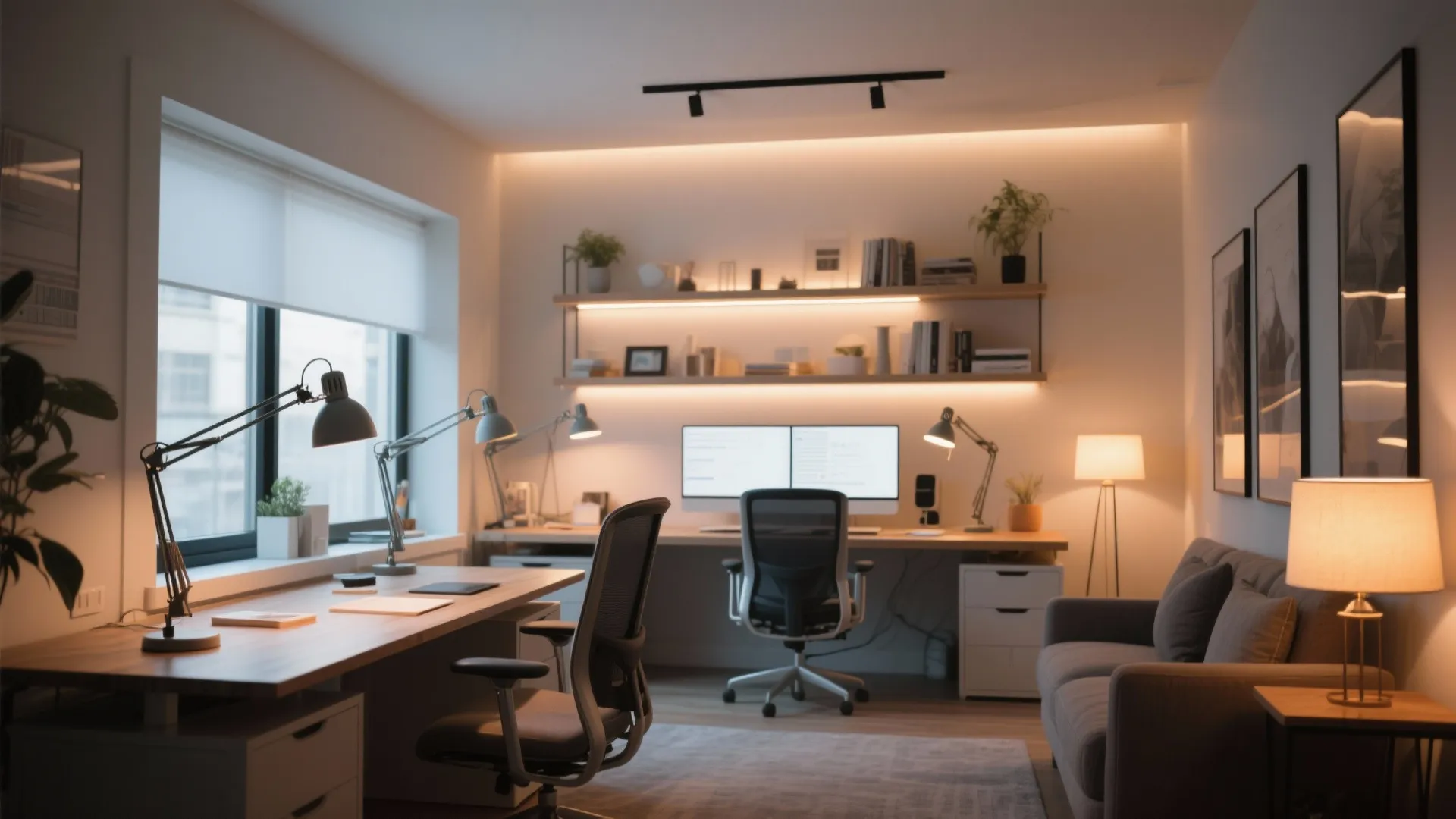 Home office interior with desk lamps ceiling light wall light and sofa in warm evening light