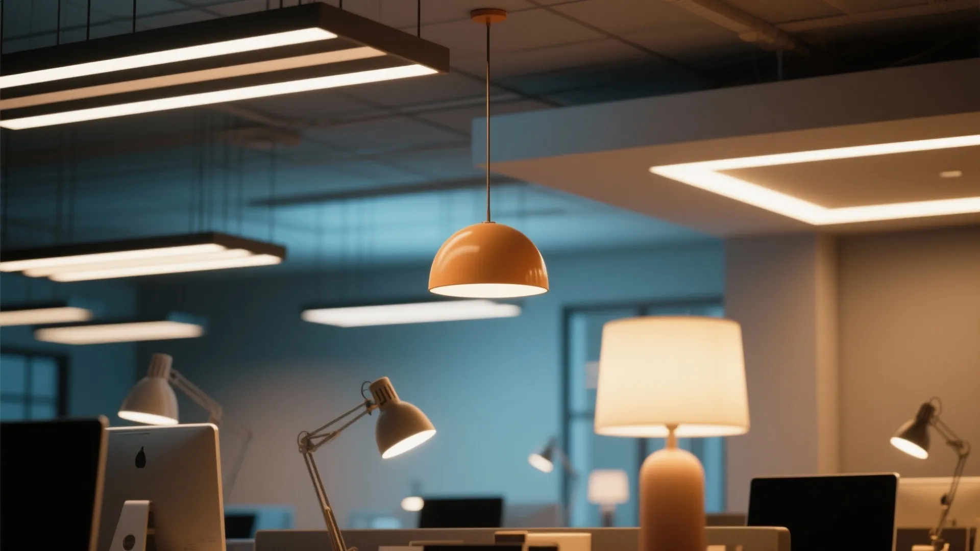 Modern office space showing various hanging ceiling lights and small table lamps on work desks