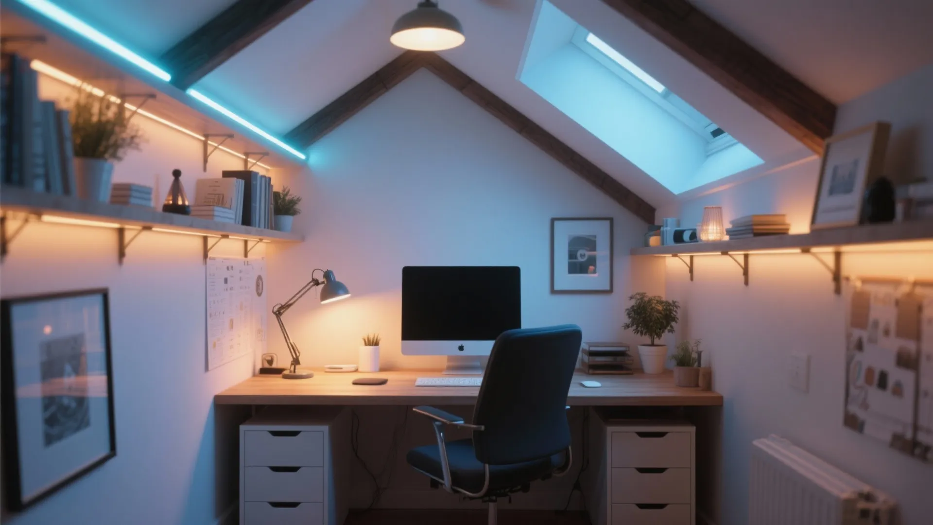Attic home office with blue strip lights desk lamp ceiling light computer and a roof window