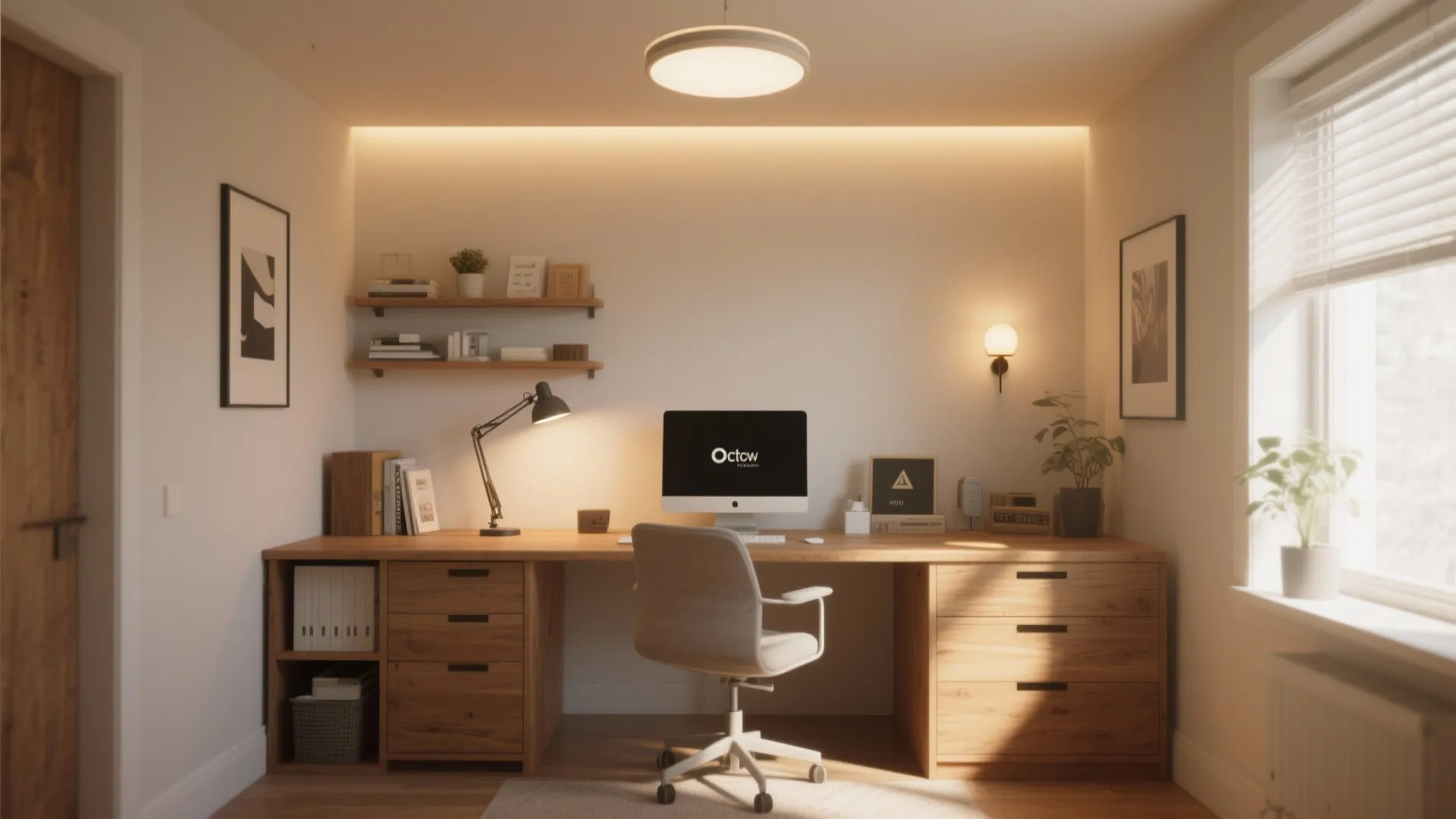 Small office with balanced layered lighting including desk lamp and wall sconce