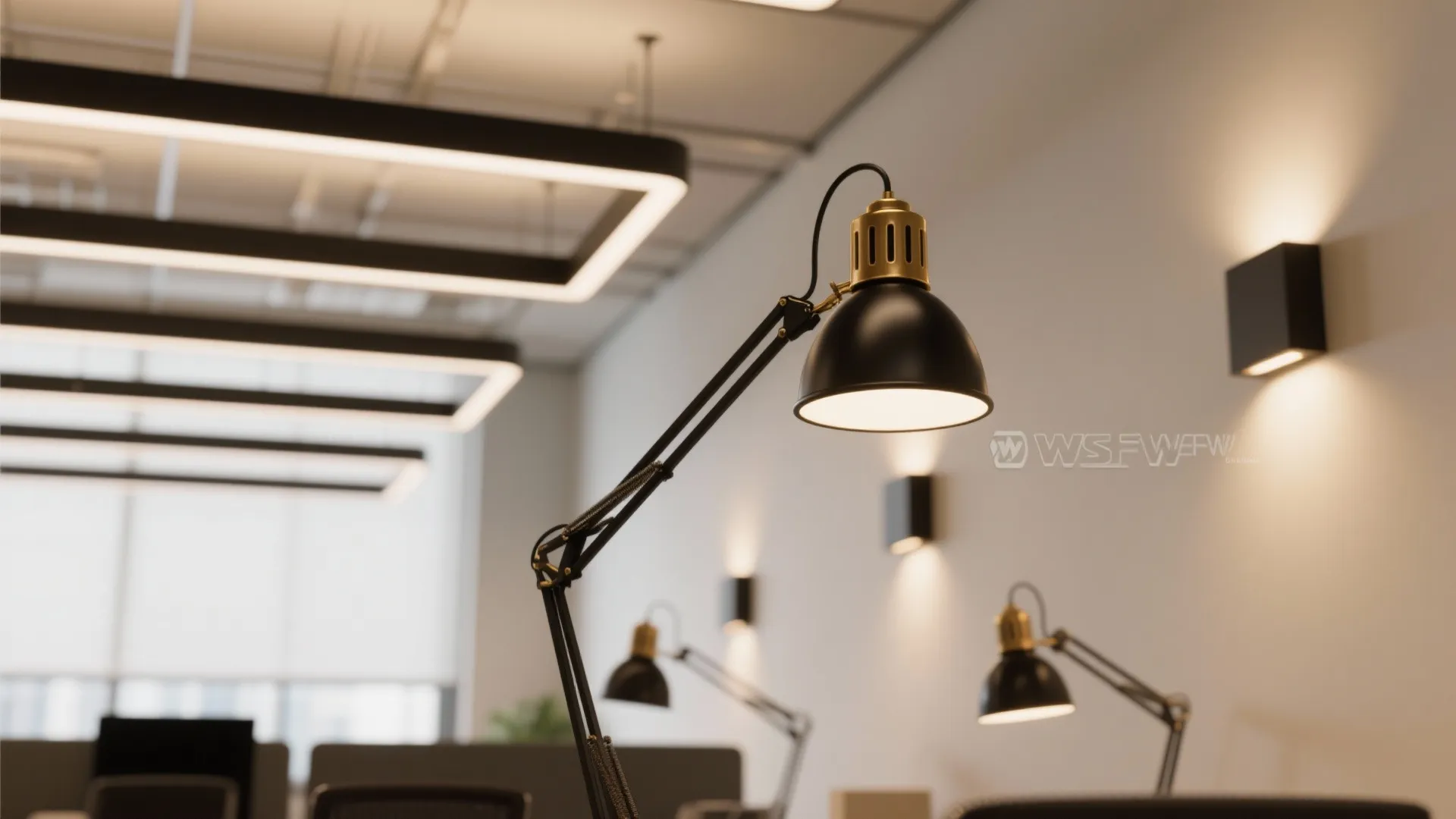 Office interior design showing black desk lamps and square wall lights for a bright workspace