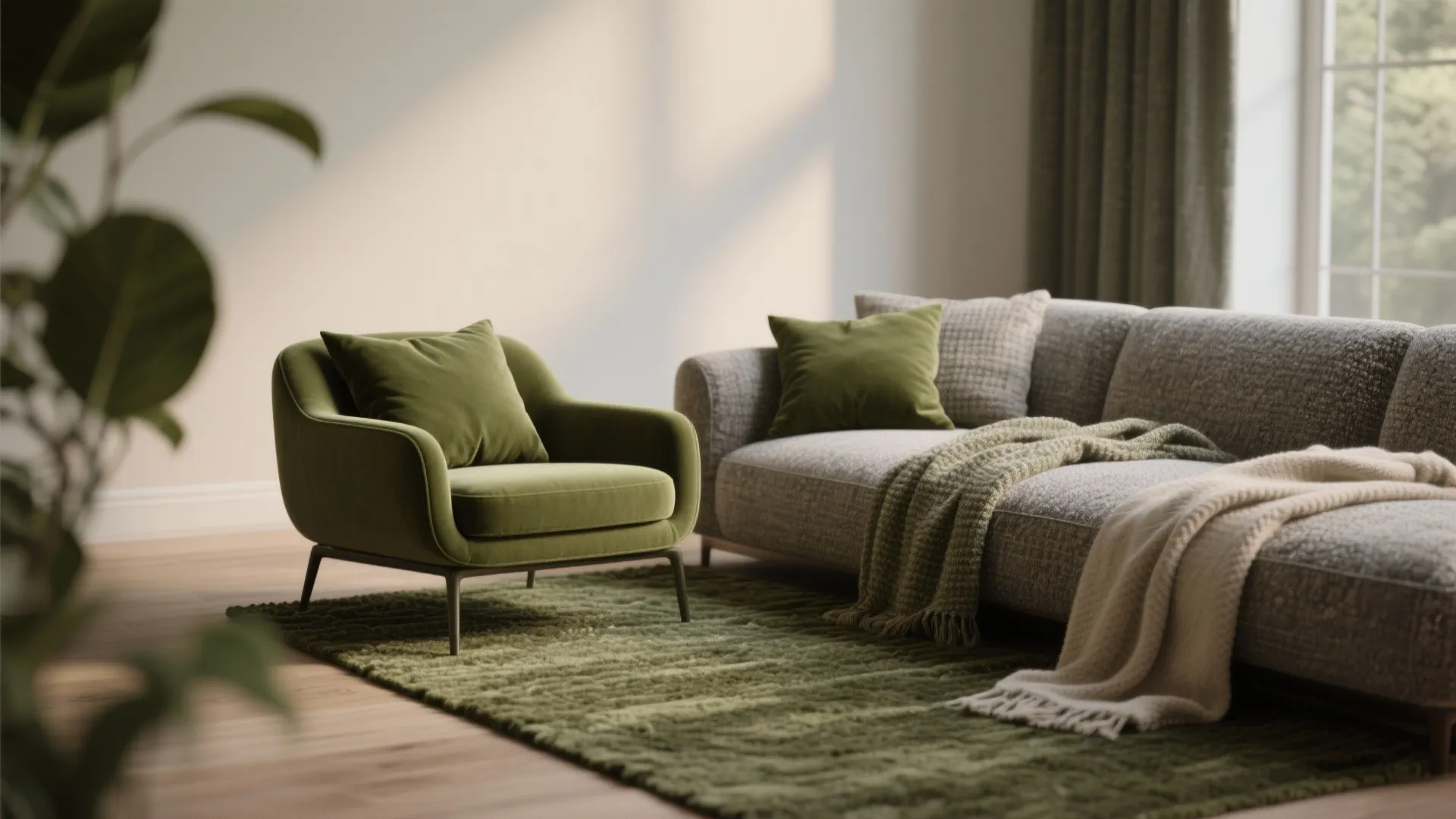 Living room vignette with layered olive accents: armchair, pillows and rug paired with textured grey fabrics.