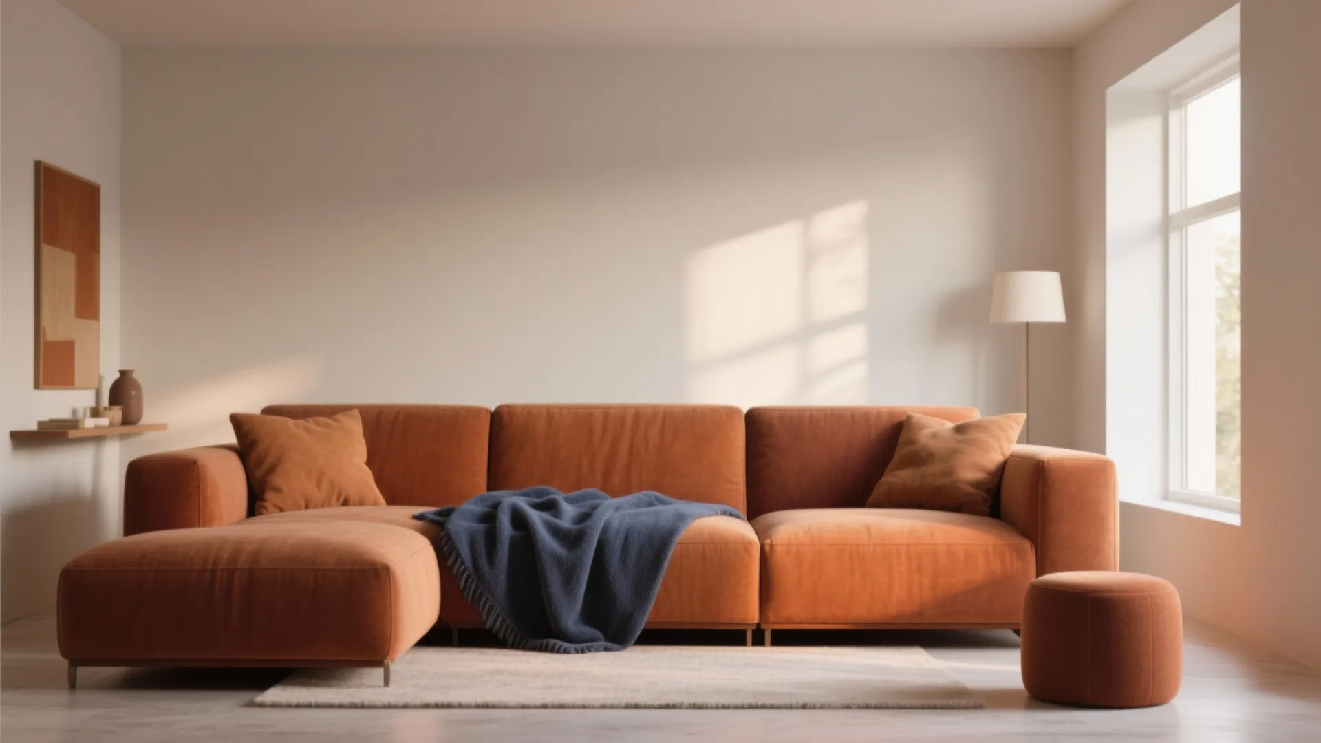 Modern living room with large orange sofa blue blanket floor lamp and a small footrest