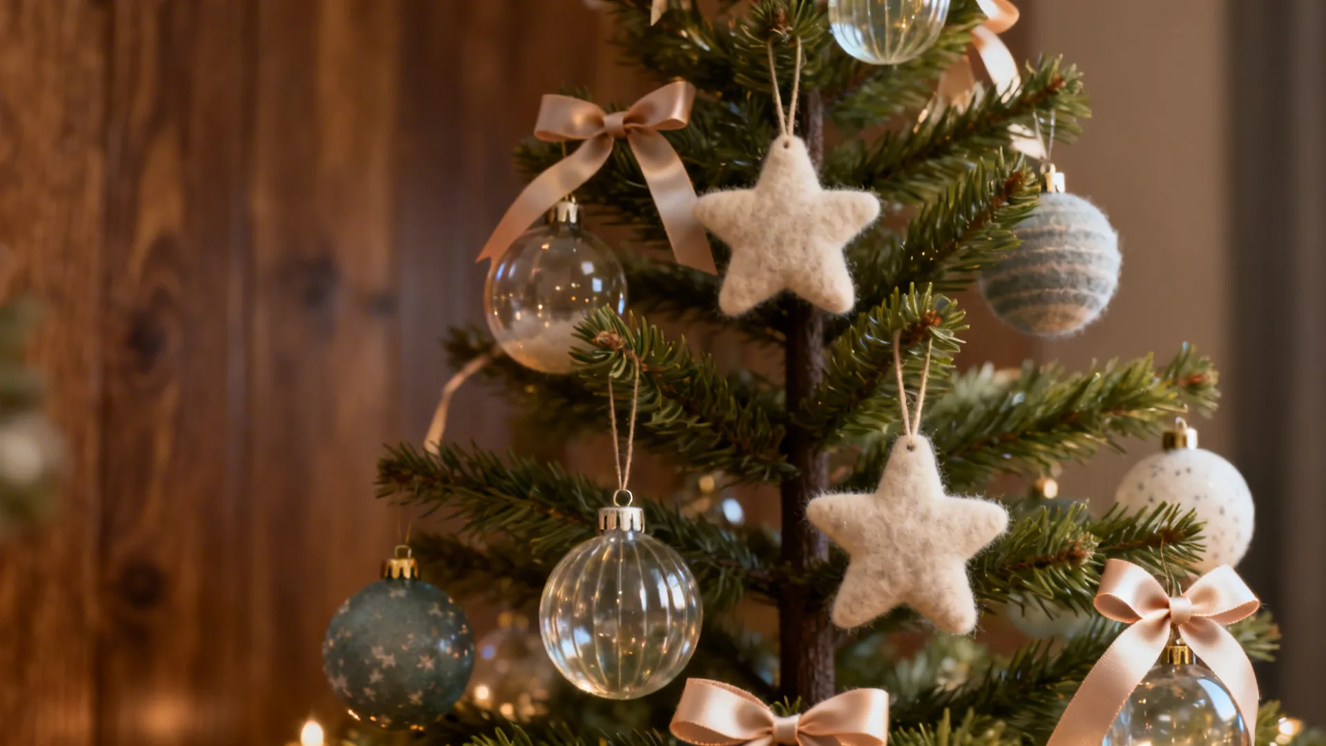 Close-up of layered glass, felt, and ribbon ornaments on a slim Christmas tree branch.