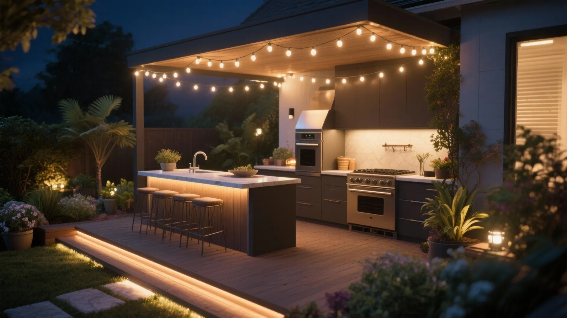 Modern outdoor kitchen at night with string lights hanging above a kitchen island and stools
