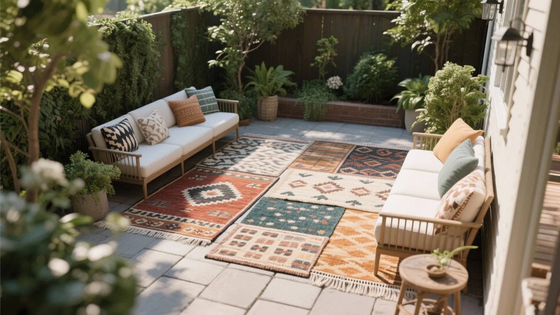 Layered outdoor rugs adding texture and warmth to patio