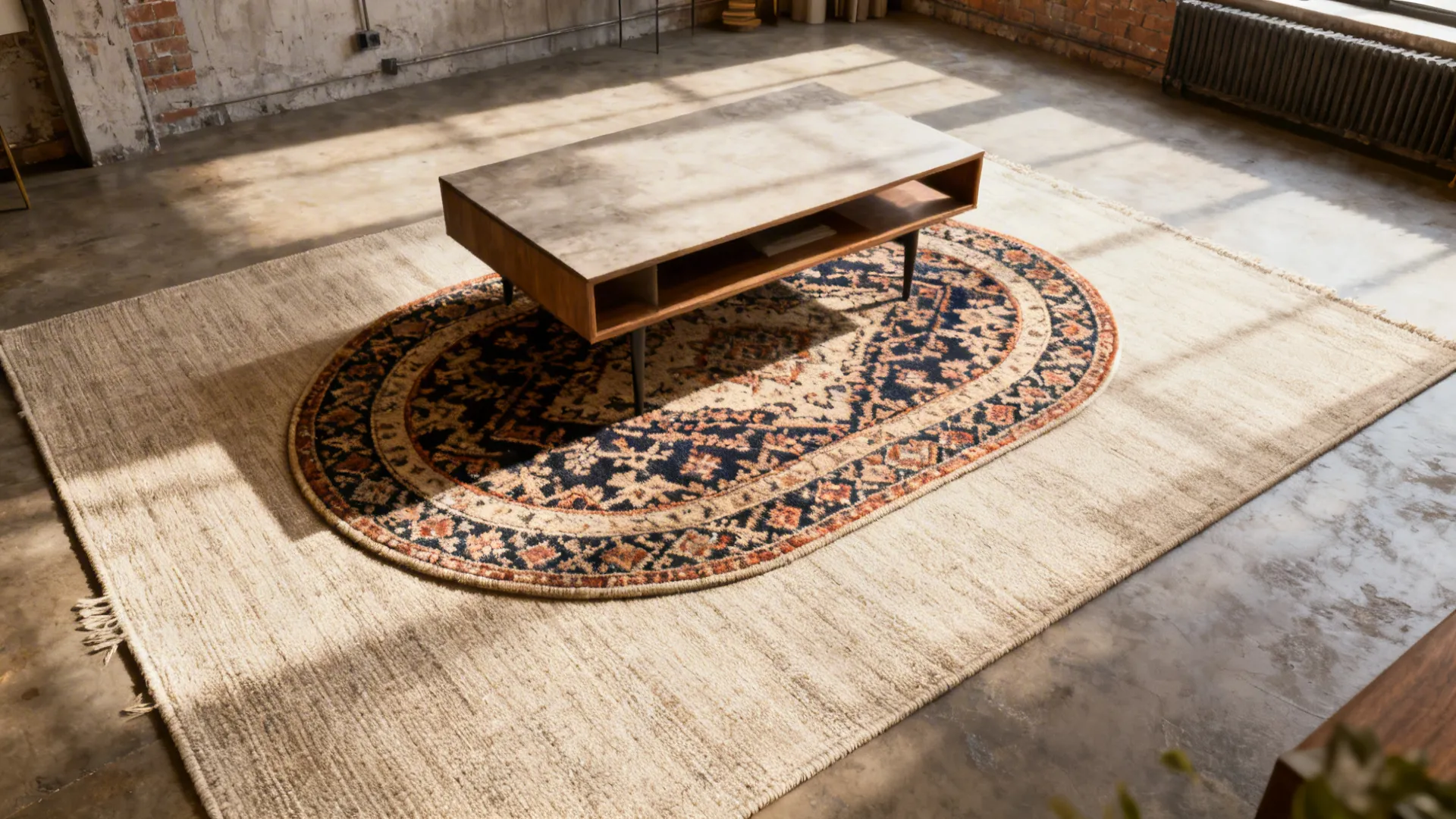 Layered rugs with a patterned oval over a neutral base under a coffee table