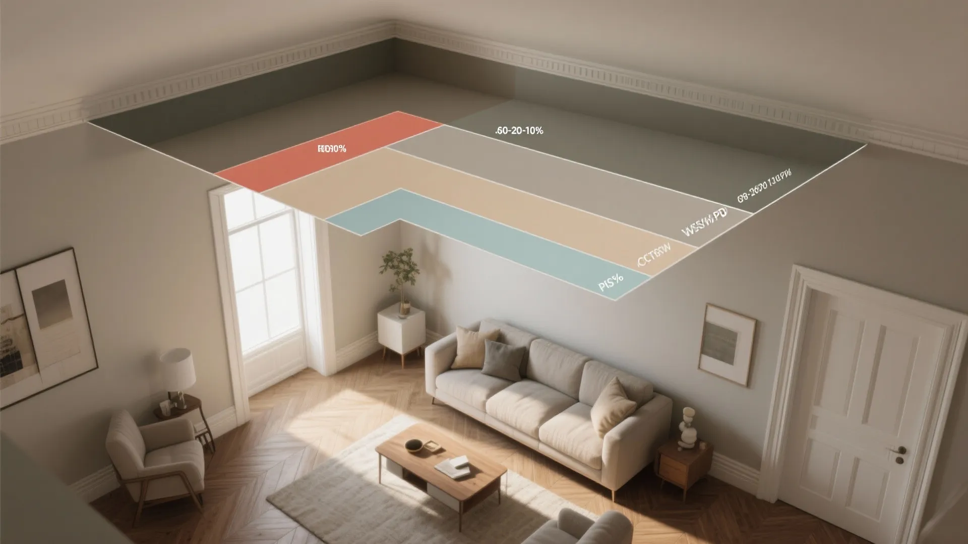 Top-down schematic showing ceiling, trim, walls, and accent zones with percentage guidance.