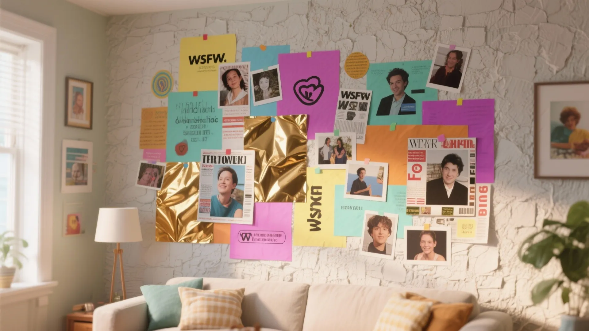 Living room with white brick wall decorated with colorful posters and photos above a sofa