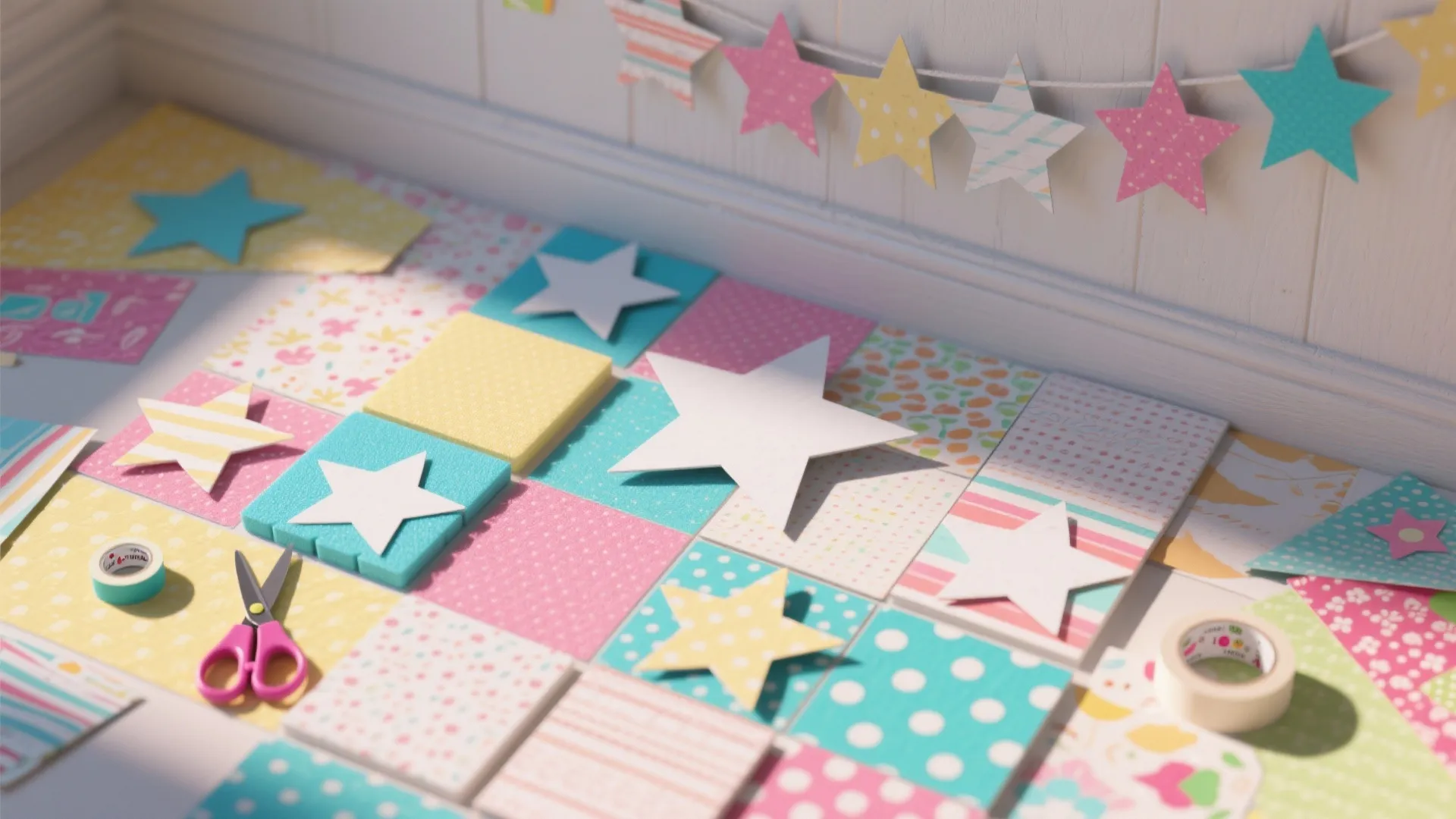 Colorful paper star shapes and patterns with craft tools on a white wooden table surface