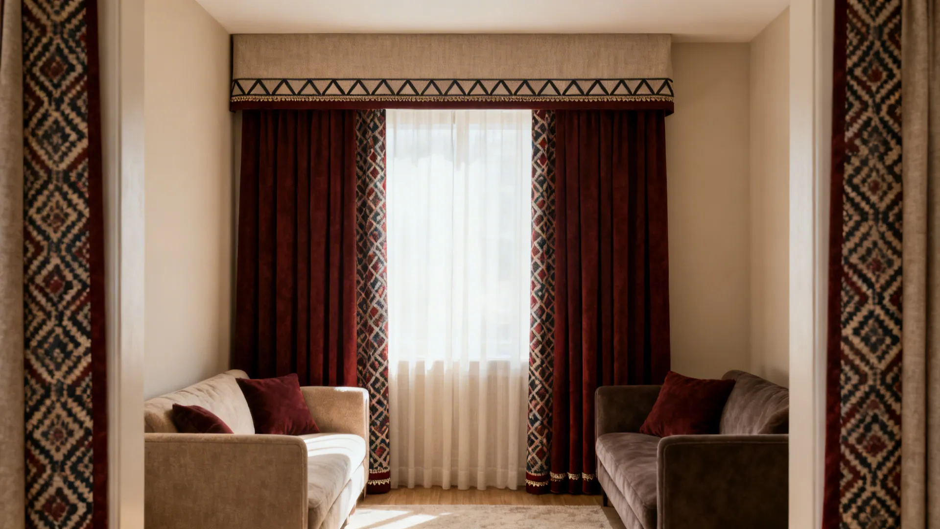 Living room showing two sofas facing each other and window with red and patterned curtains