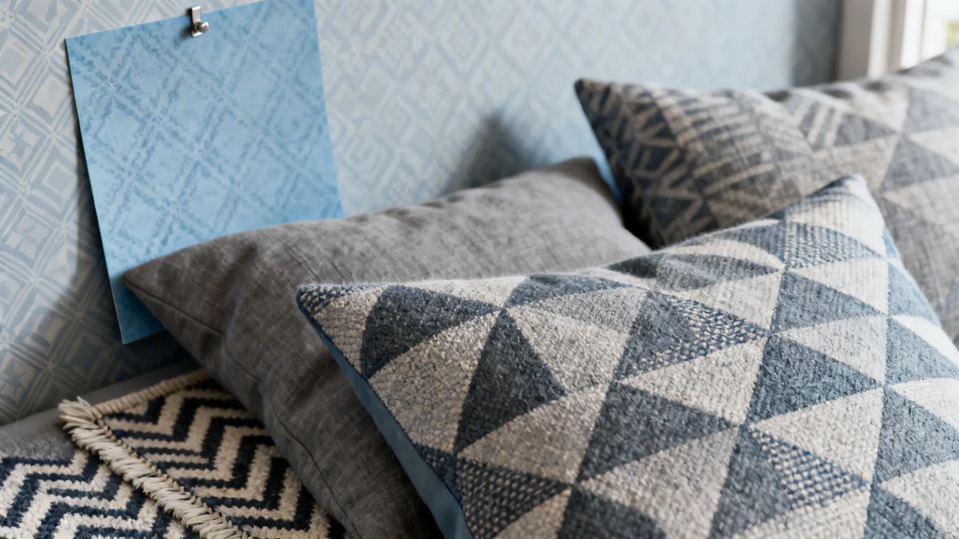 Close up of grey and patterned pillows with blue geometric wallpaper and a zigzag rug