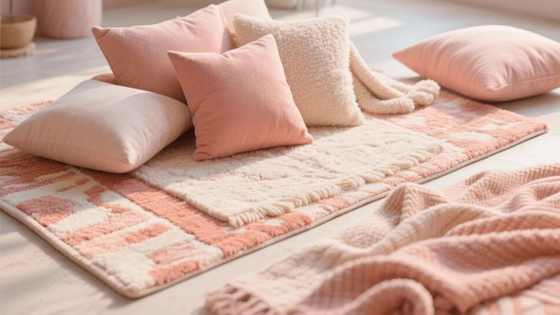 Close up view of pink and white pillows and blankets on a patterned floor rug