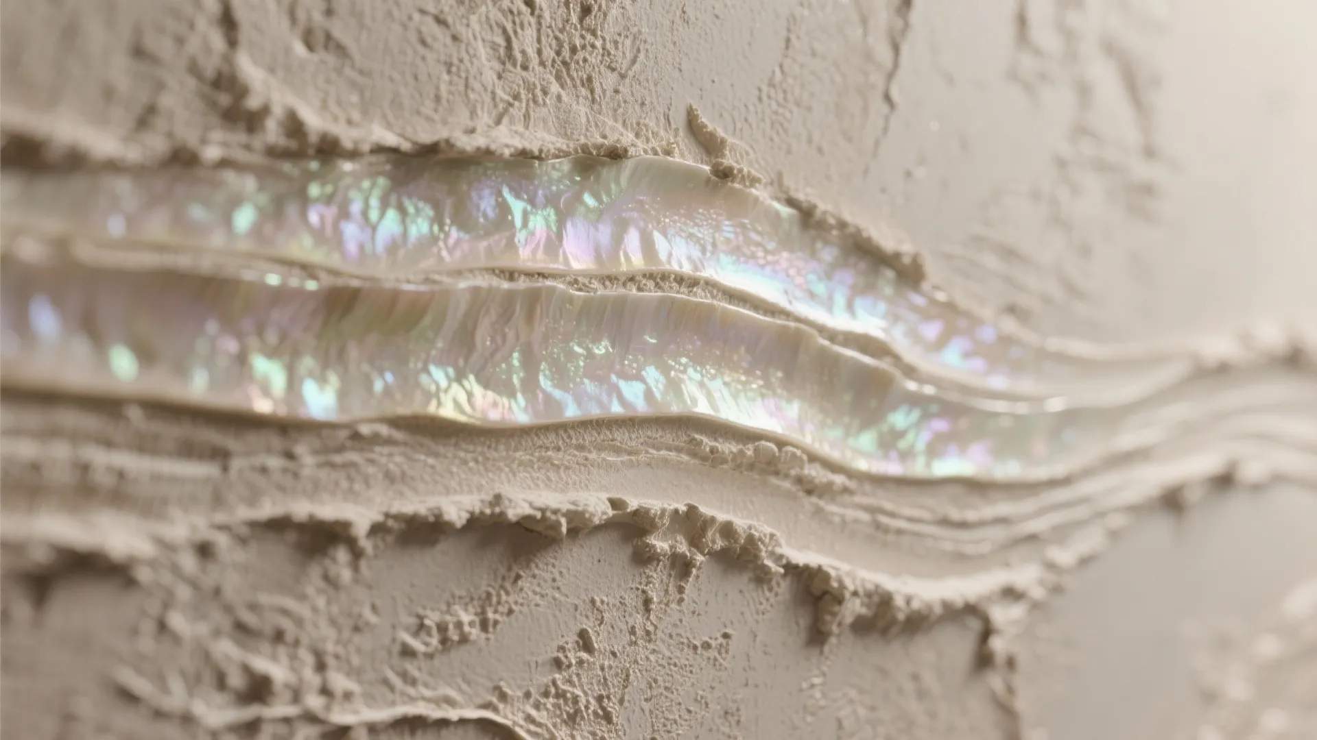 Close up of beige wall texture with shiny iridescent wavy lines and rough plaster surface