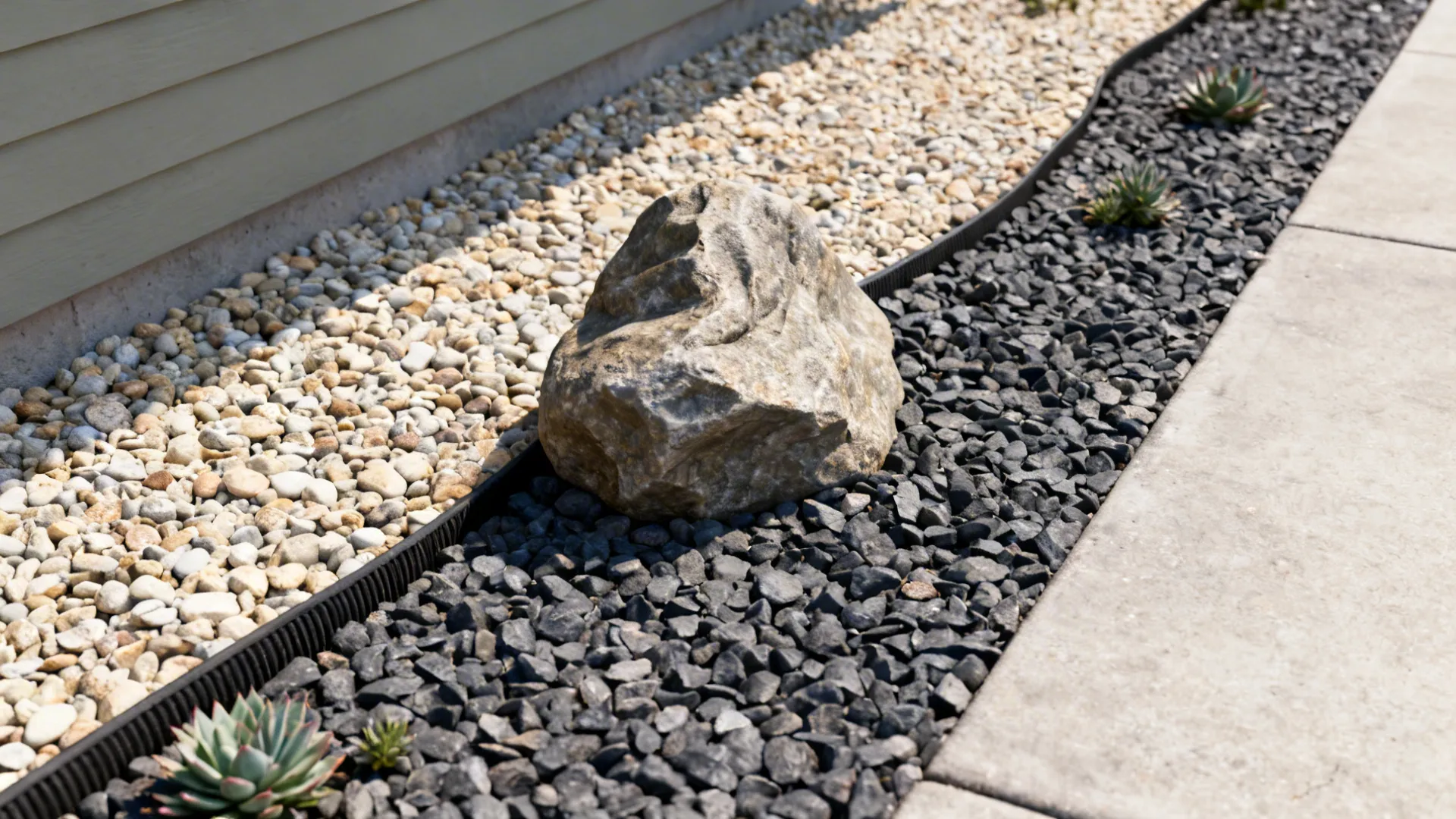 Two-tone pebble beds with a sculptural boulder and small succulents in a narrow front yard.