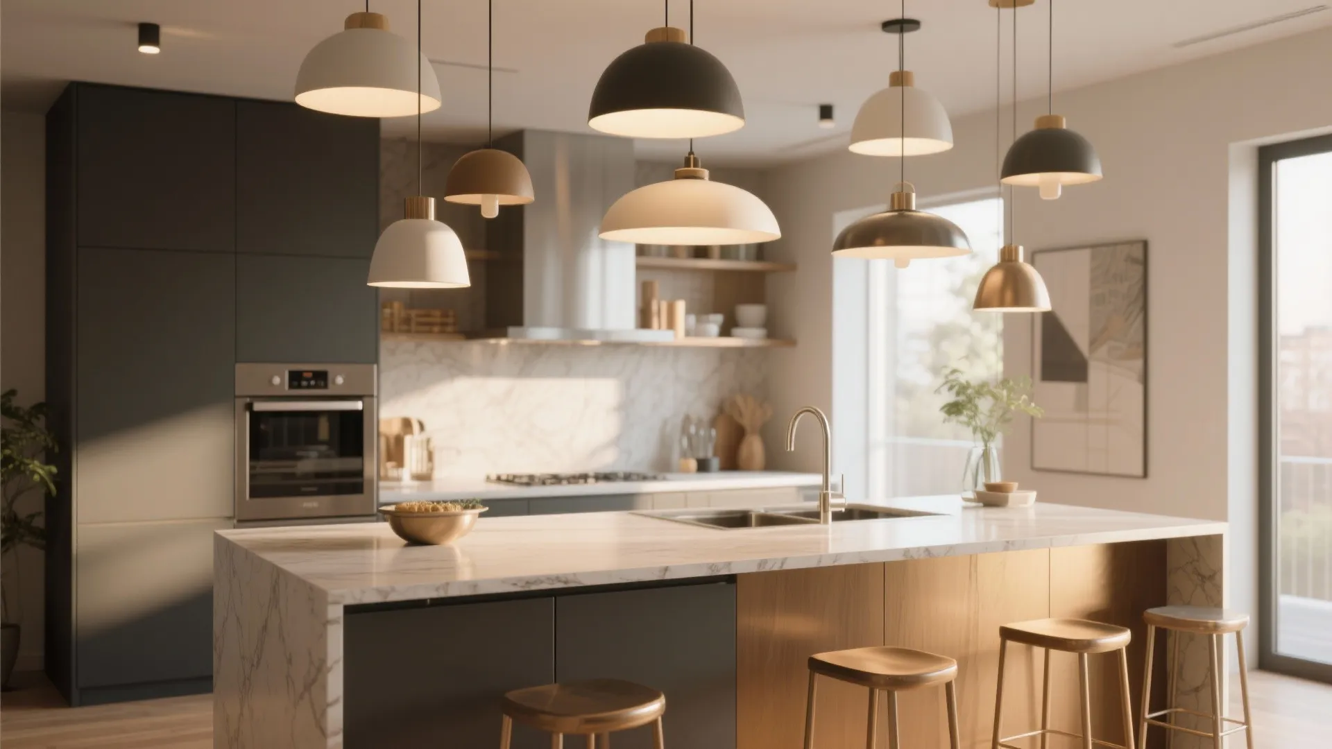 Modern kitchen island with marble countertop featuring several hanging dome ceiling lights and wooden bar stools