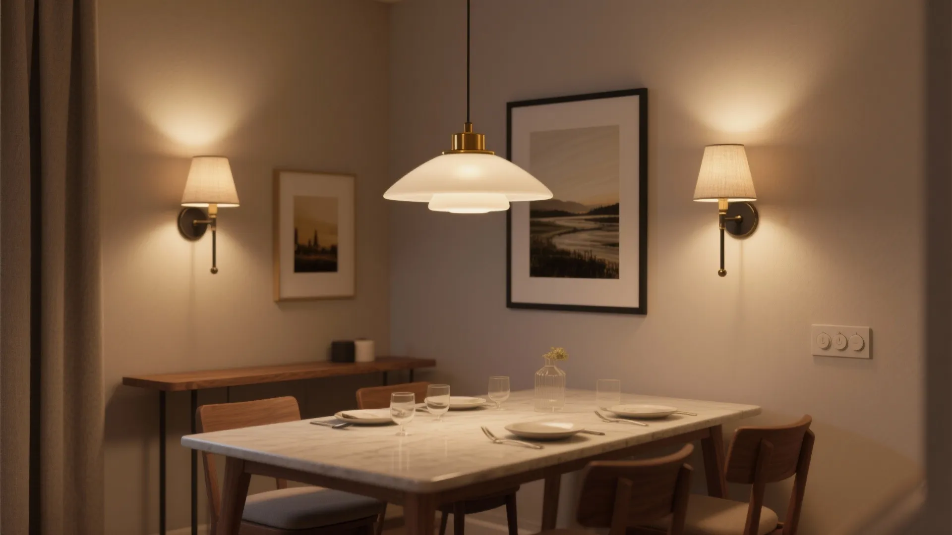 Layered lighting: pendant + wall lights