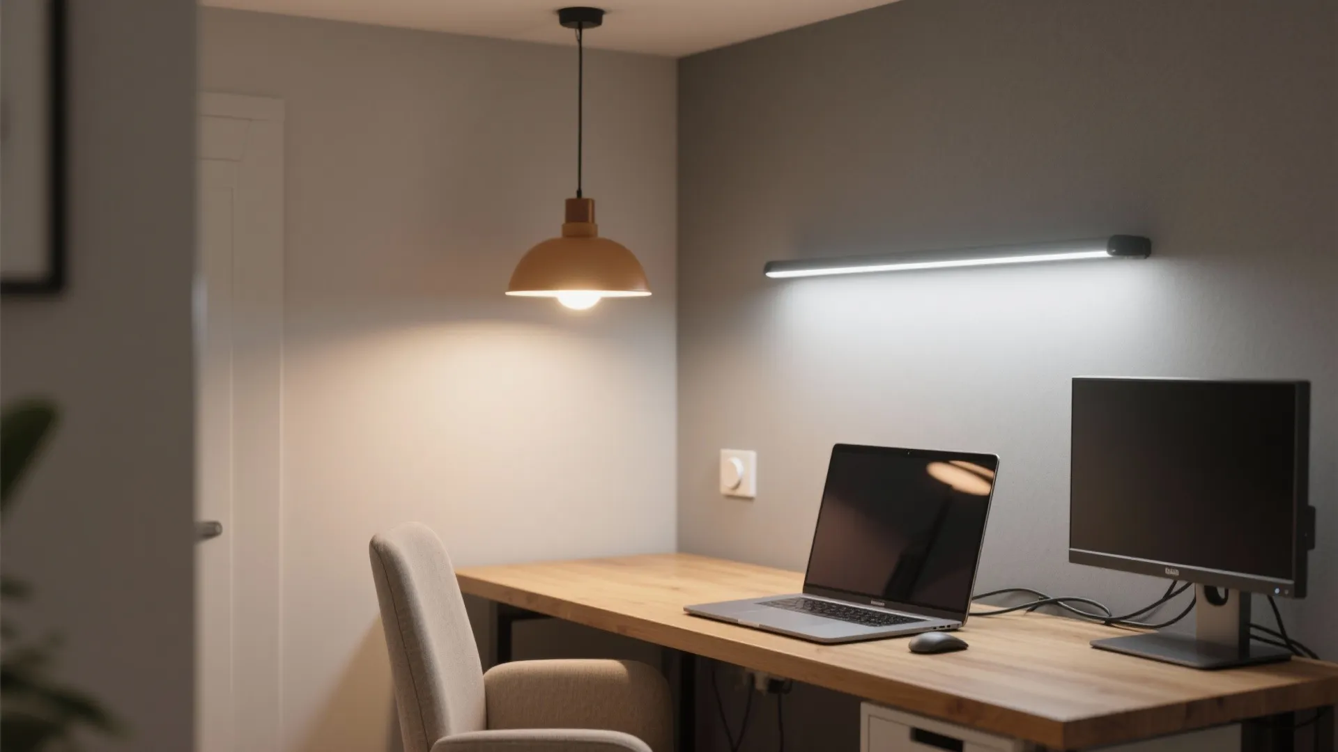 Home office desk with wooden top, laptop, monitor, grey chair, ceiling light and wall light