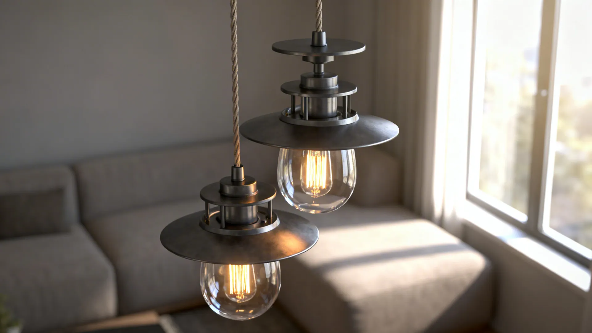 Staggered pendant lights with warm bulbs over a sofa, showing scale and balance.