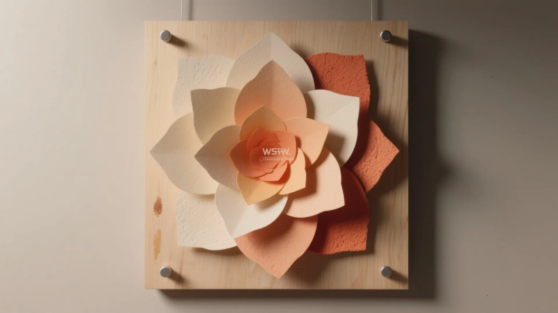 Layered ombré paper petals panel on plywood backer showing depth, texture and soft shadows.