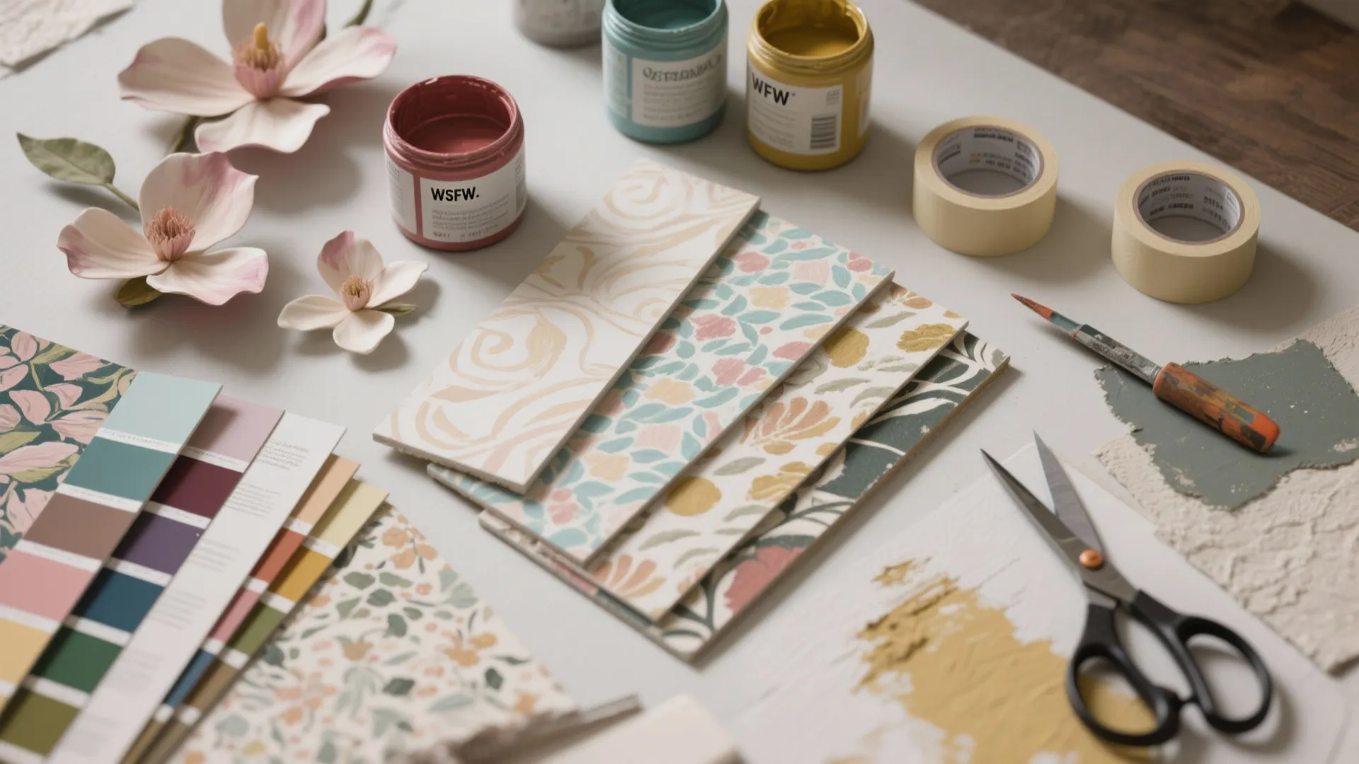 Art supplies including colorful paint cans scissors patterned paper and flowers on a white table