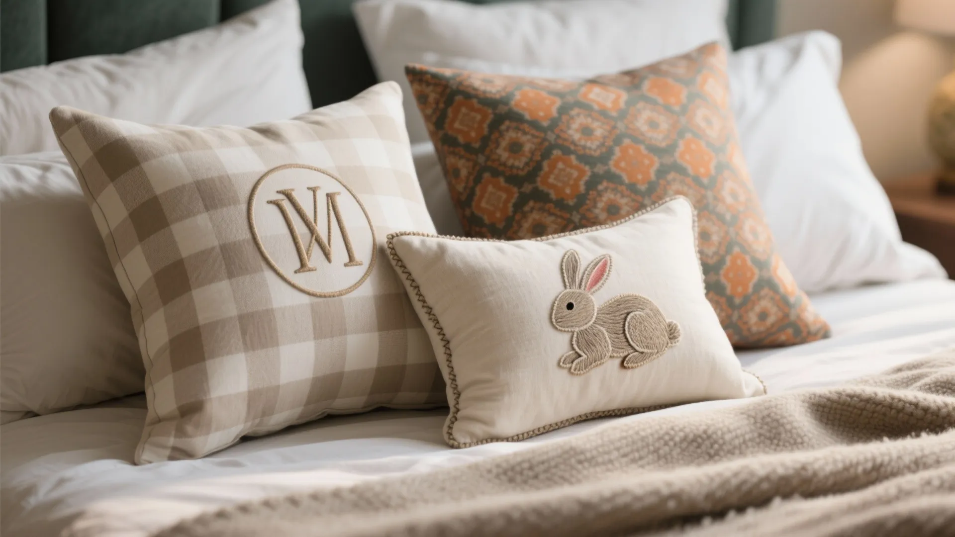 Decorative pillows on bed with check pattern monogram and a small embroidered brown rabbit design