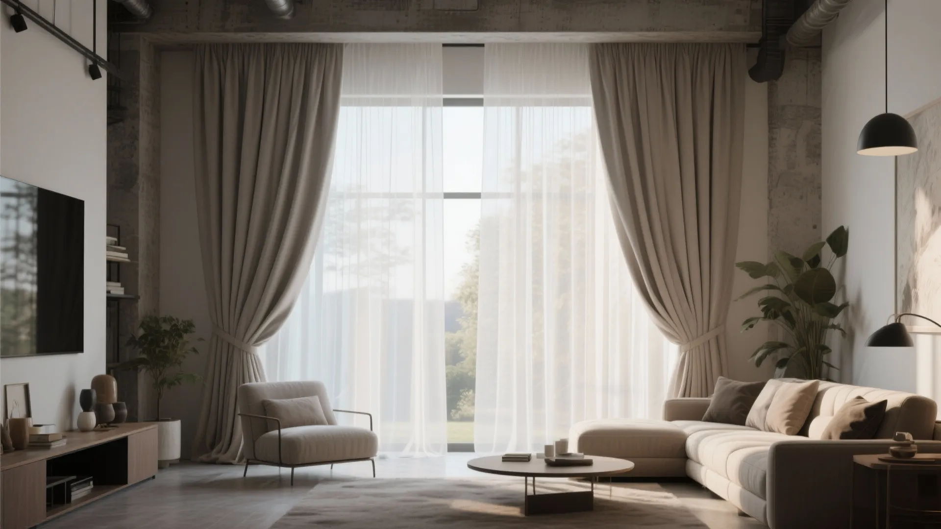 Spacious living room with layered beige curtains, large sofa, round coffee table, and natural sunlight