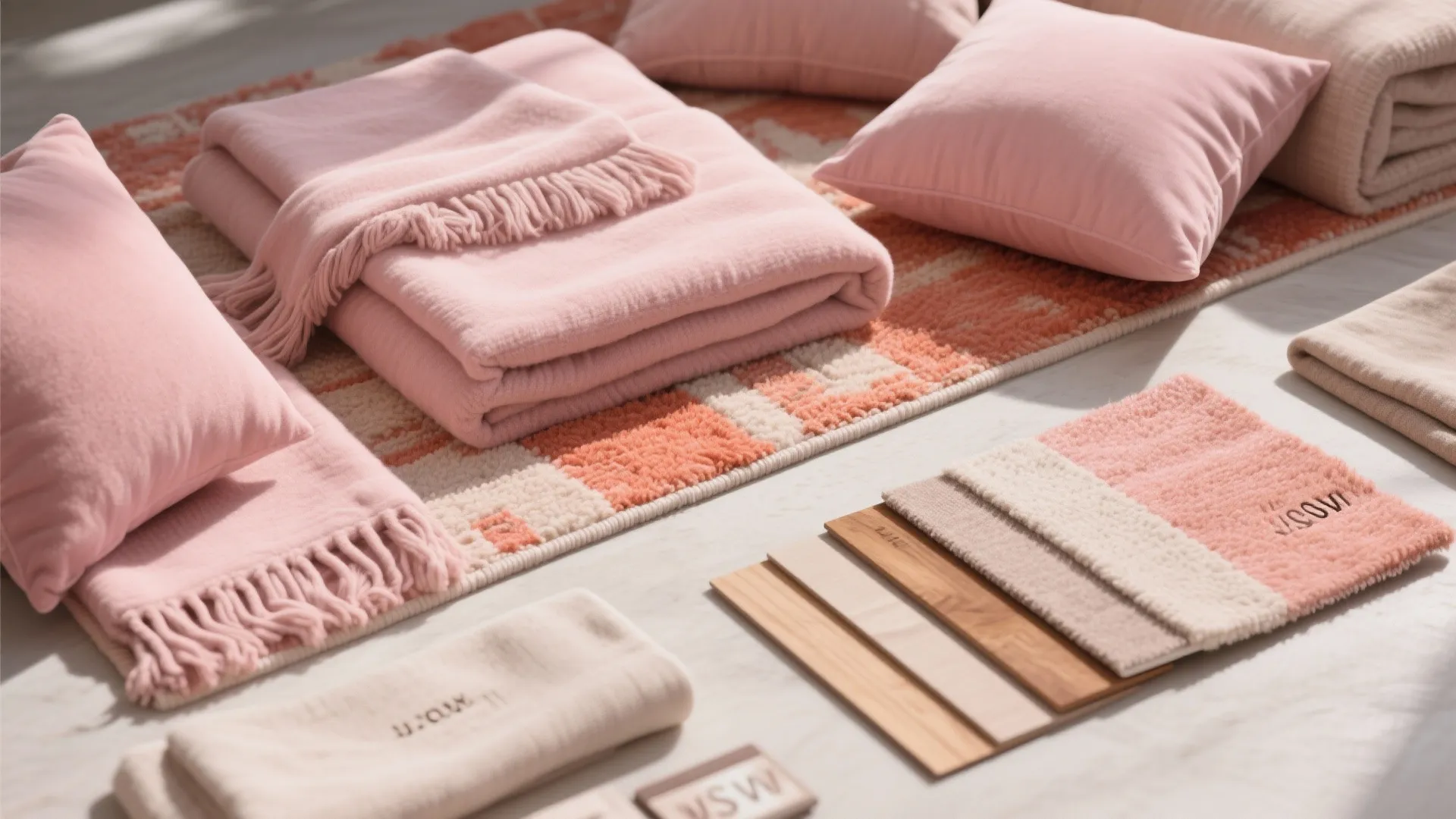 Soft pink blankets and pillows arranged on a patterned rug with wood floor material samples