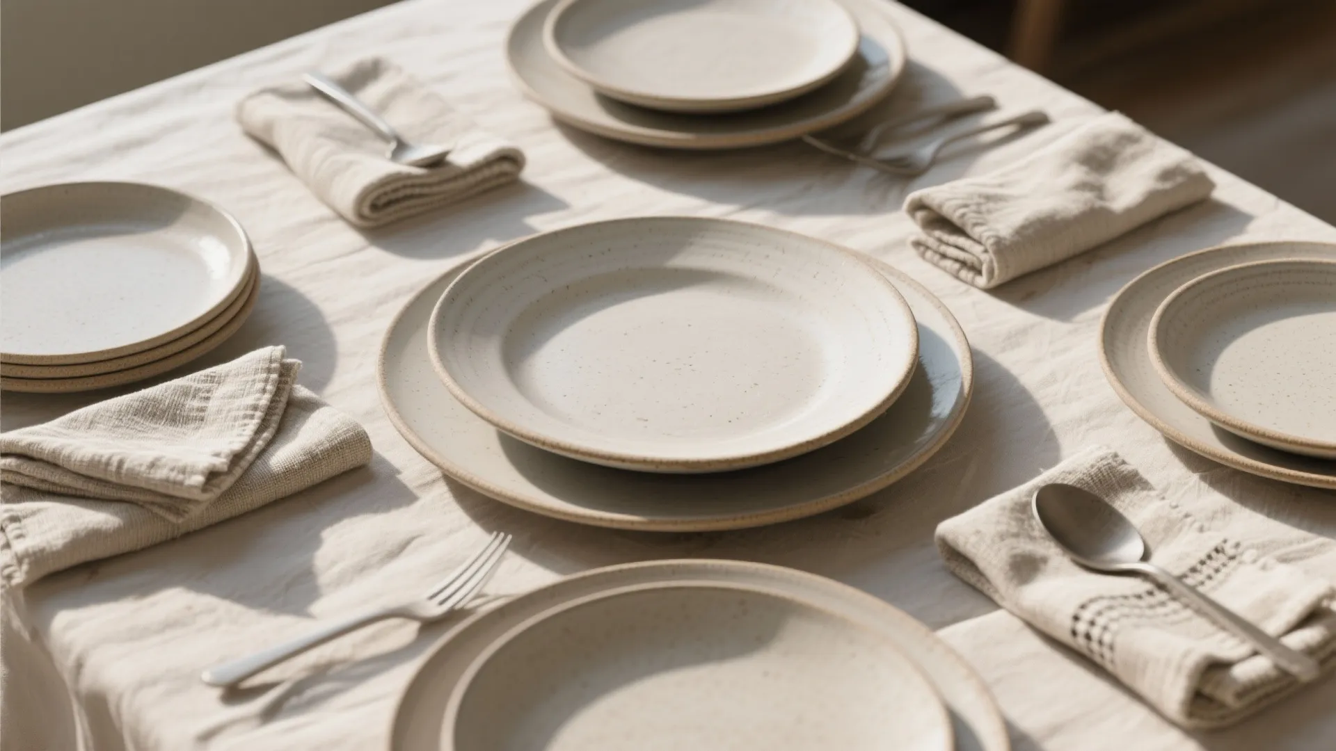Flat lay of ceramic plates and textured napkins