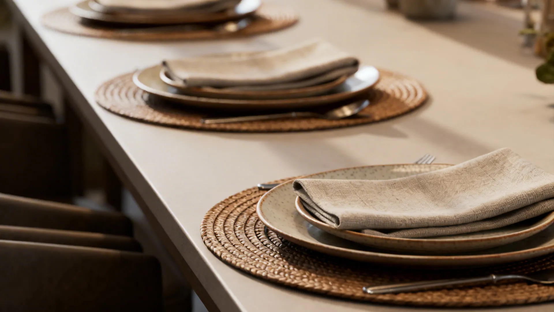 Round woven mats with ceramic plates and beige napkins arranged on a long light dining table