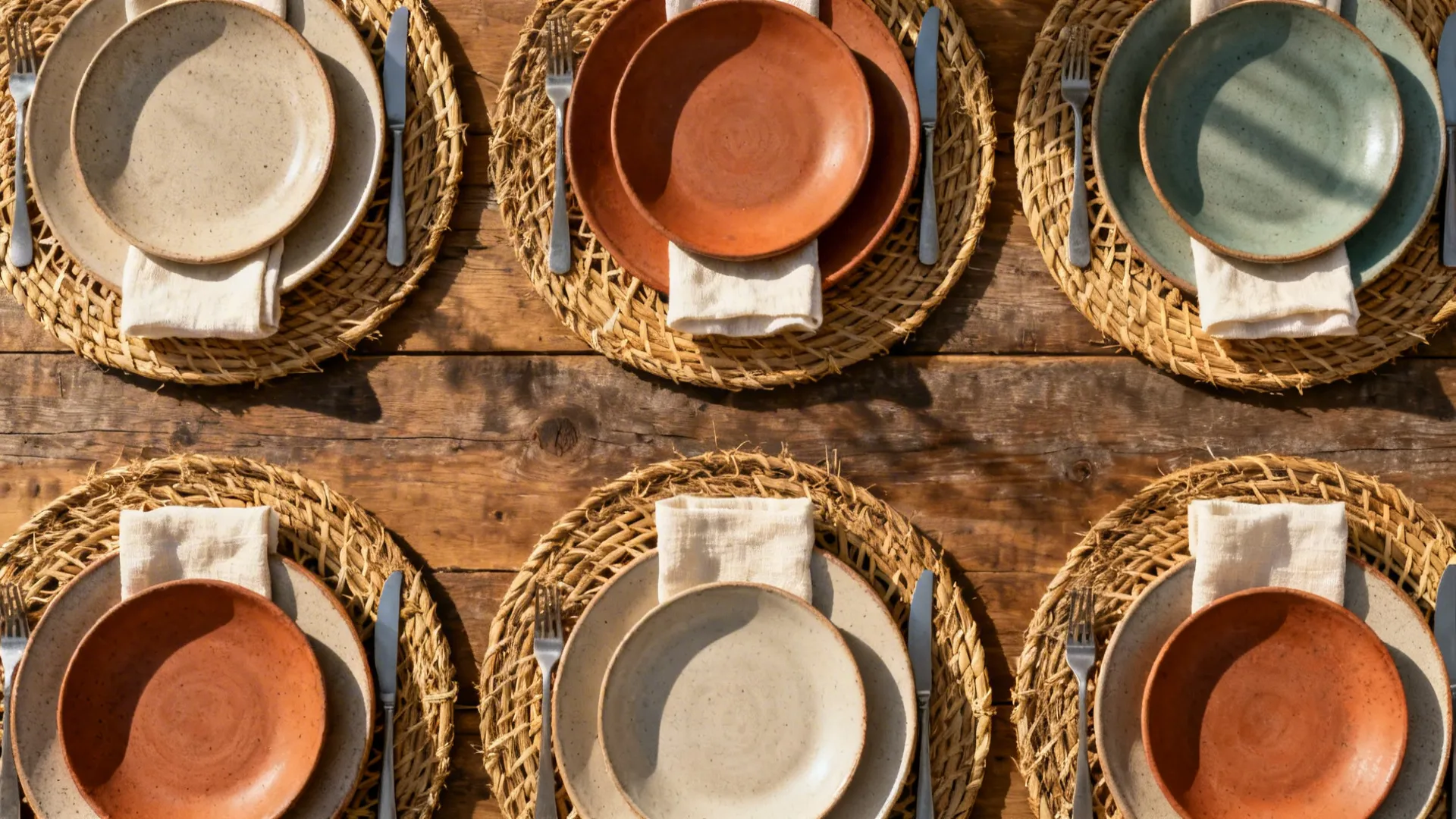Top-down view of mixed-material place settings with stoneware, rattan chargers, and linen napkins on a farmhouse table.