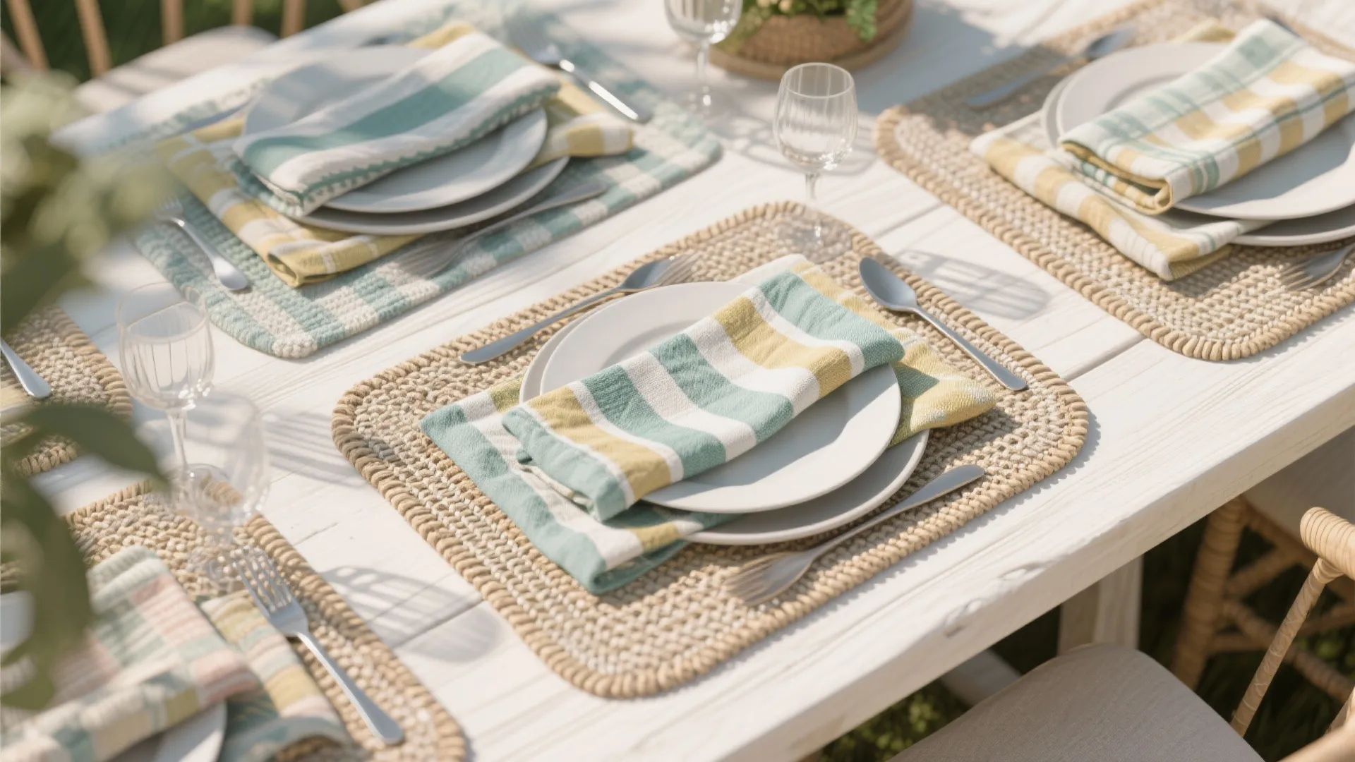 Outdoor dining table set with woven placemats striped napkins white plates and clear wine glasses