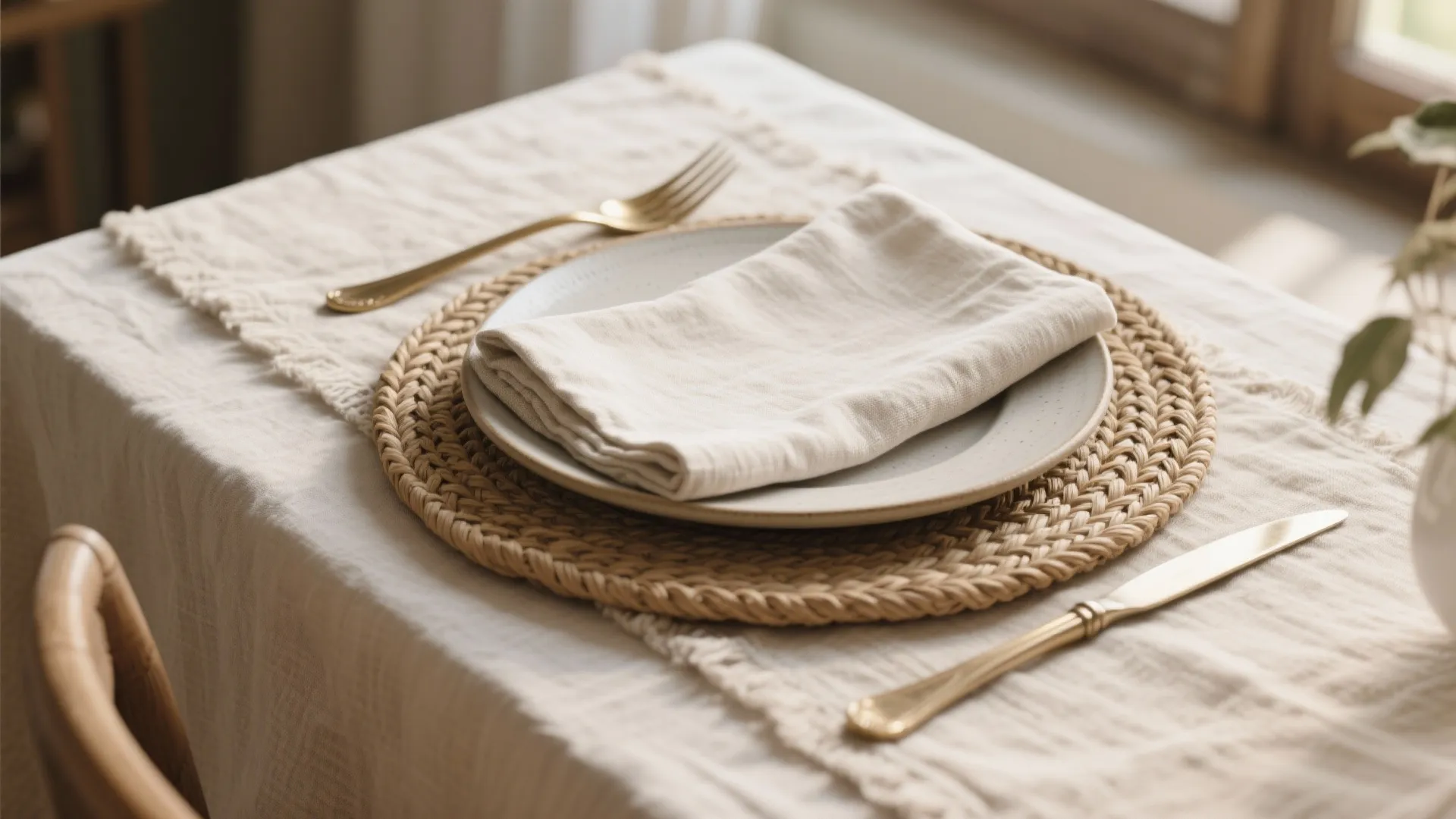 Close up of dining table with white cloth woven mat plate gold fork and knife