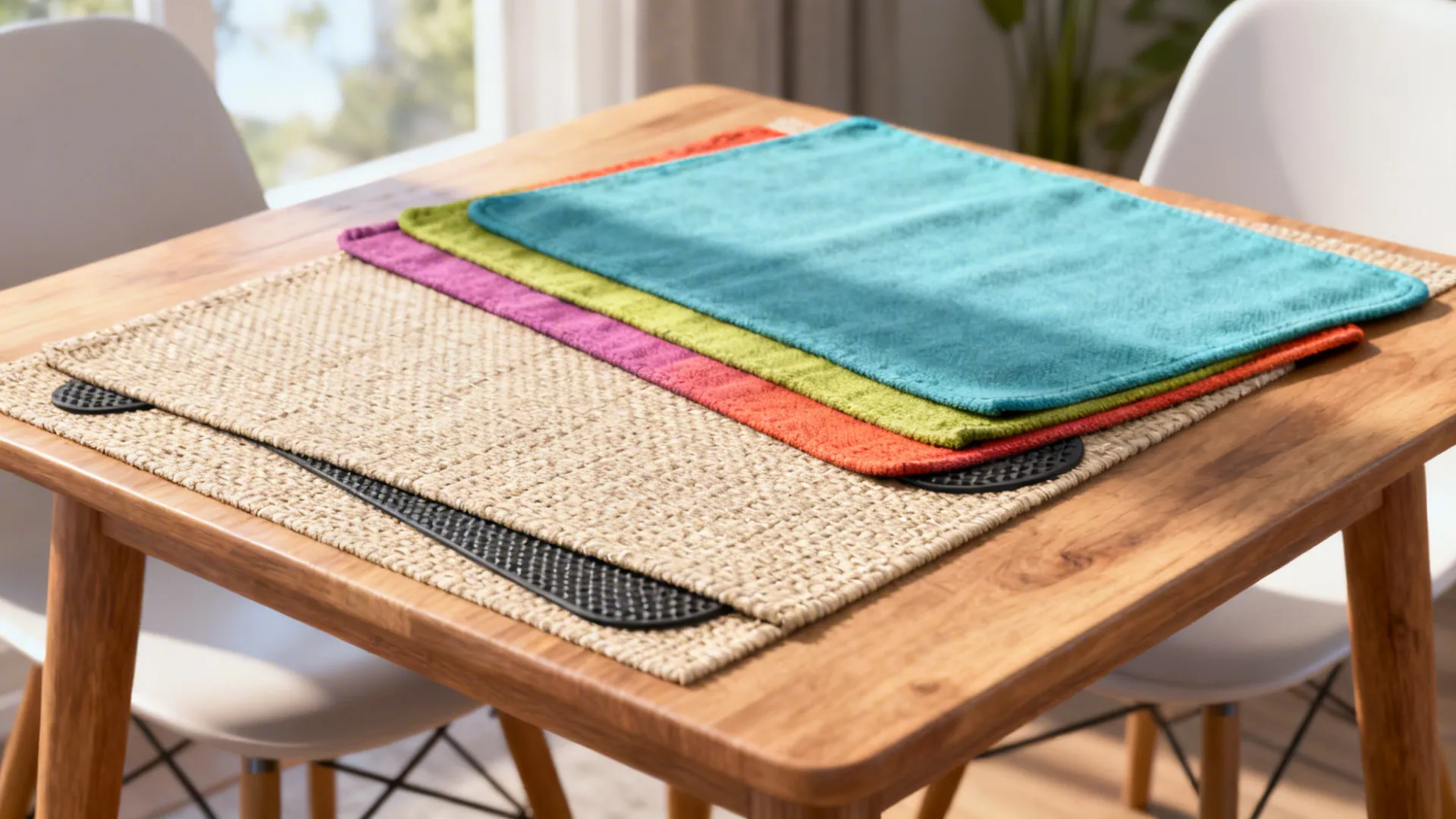 Colorful woven table mats in blue green and pink stacked on a wooden dining surface