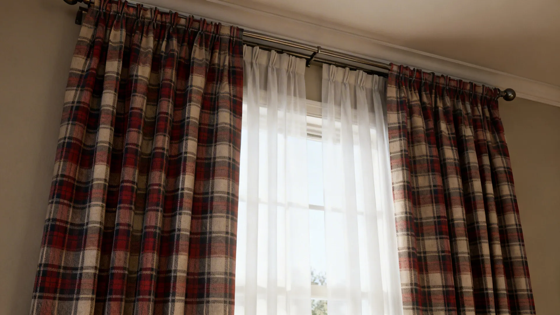 Layered buffalo plaid blackout panel with sheer curtain softening daylight
