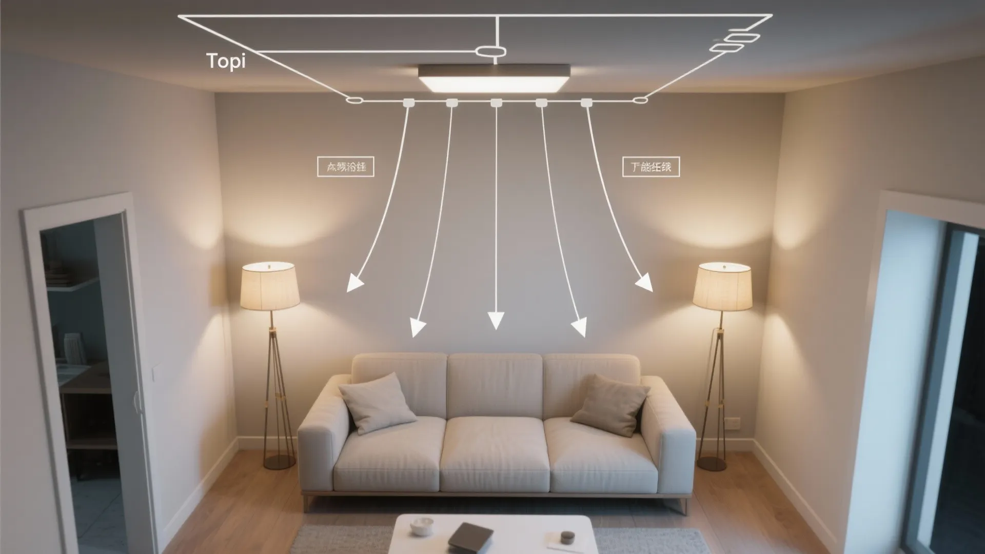 Living room interior design drawing showing ceiling light beams falling on a white modern sofa