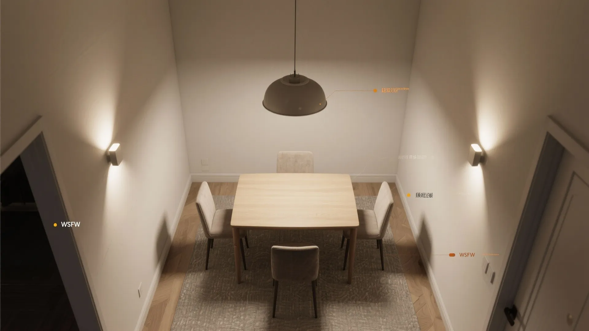 Layered lighting: ceiling, wall wash, and dim control