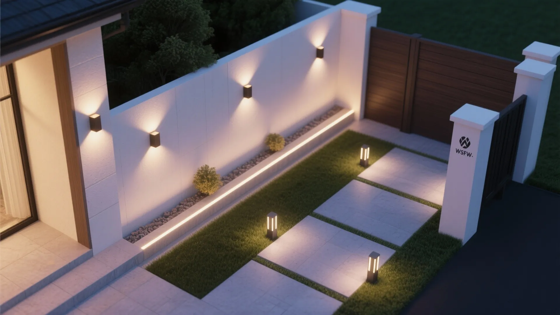 Modern garden design at night featuring wall lights and ground lighting with stone floor tiles