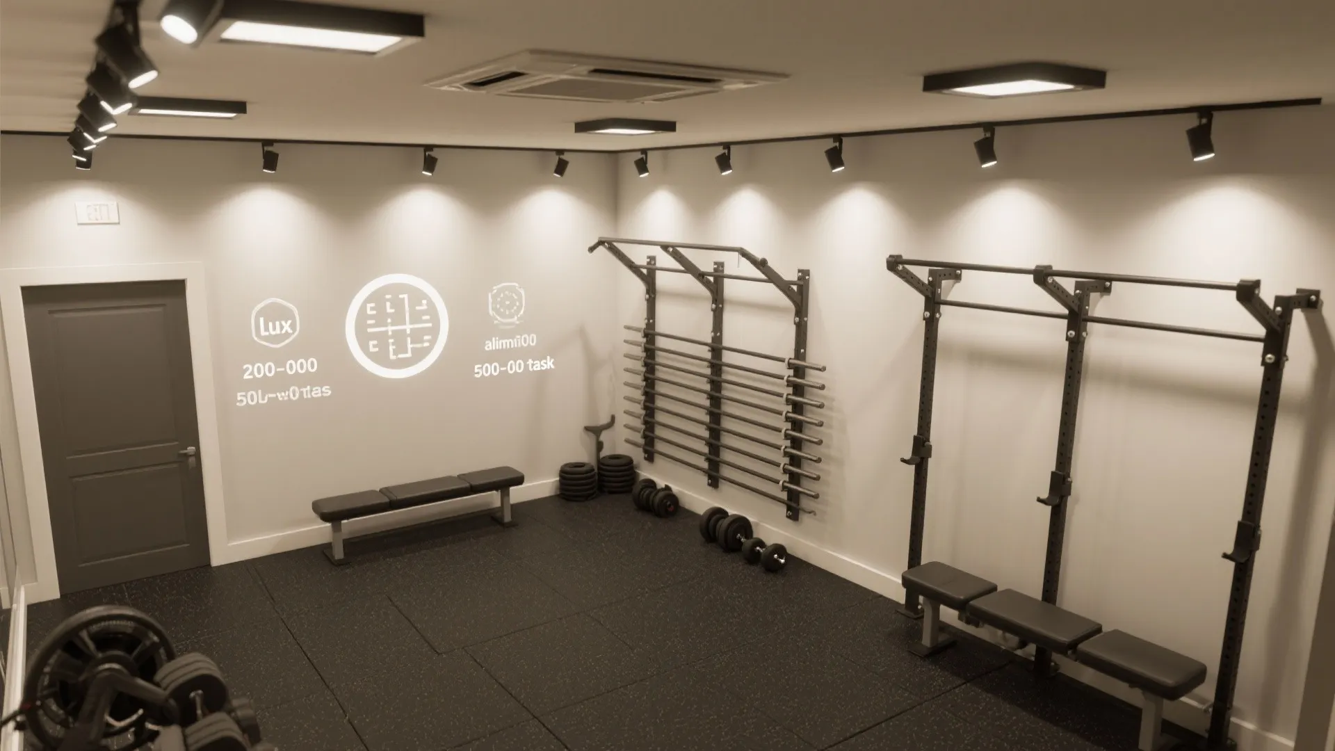 Top-down compact gym lighting plan with ambient downlights and task heads over strength zones.